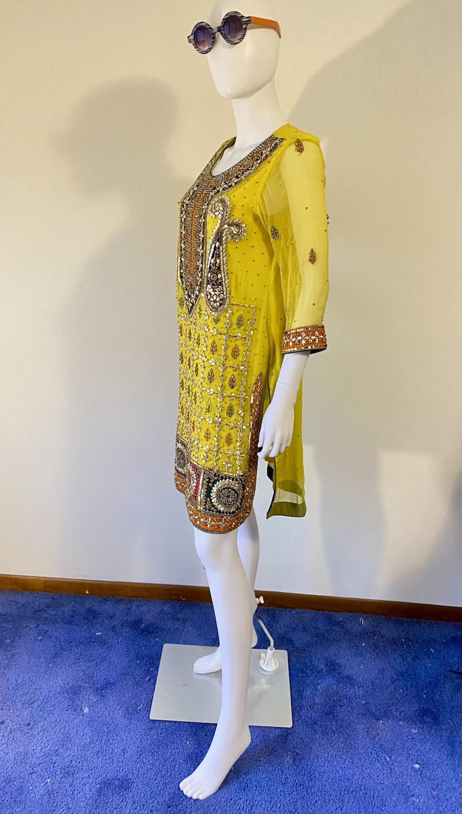 Vintage Boho Silk Heavily Embellished Chrome Yellow Ladies Tunic C 1990’s