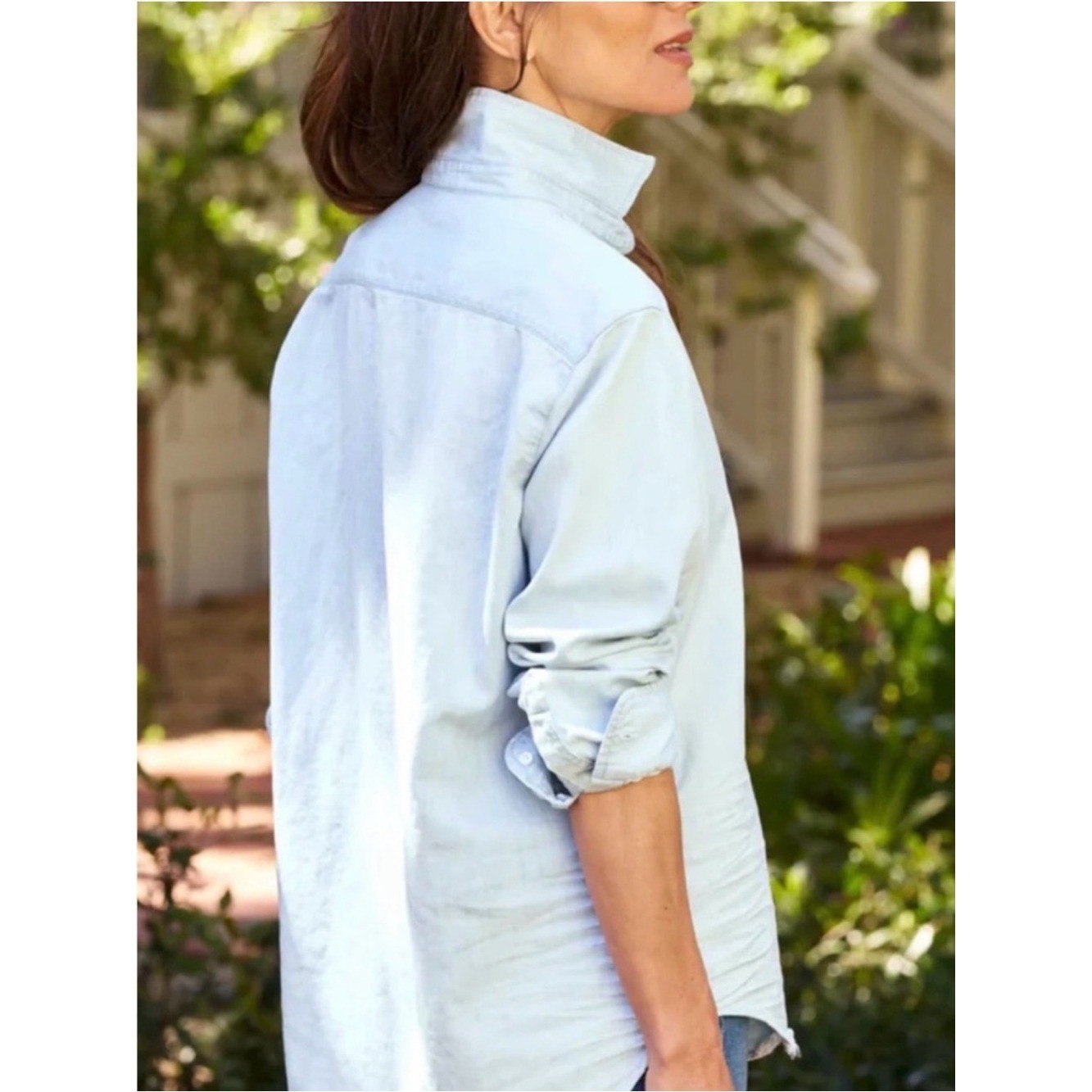 Frank & Eileen Famous Button Down Cotton Denim Distressed Splattered Shirt Sz L