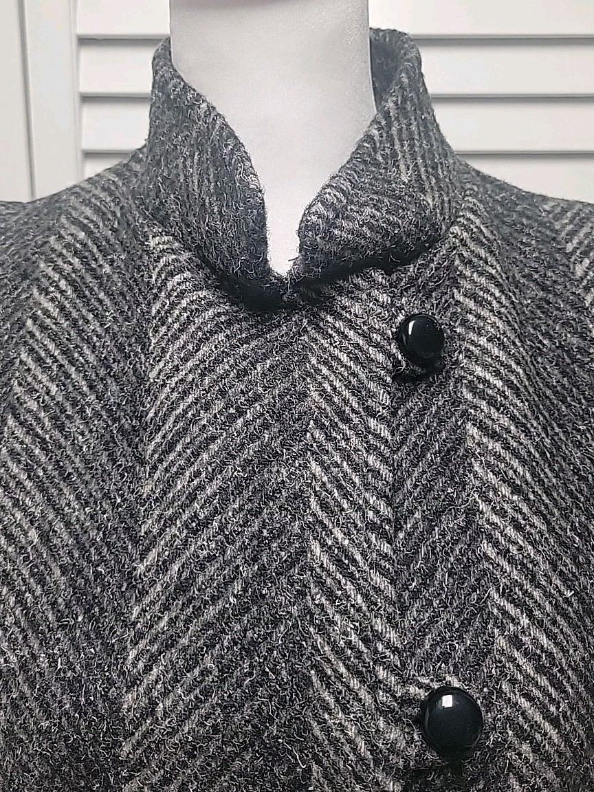 Vtg Herringbone Tweed Chevron Gray Wool Coat Puff Sleeve 80&rsquo;s EUC USA SZ 7
