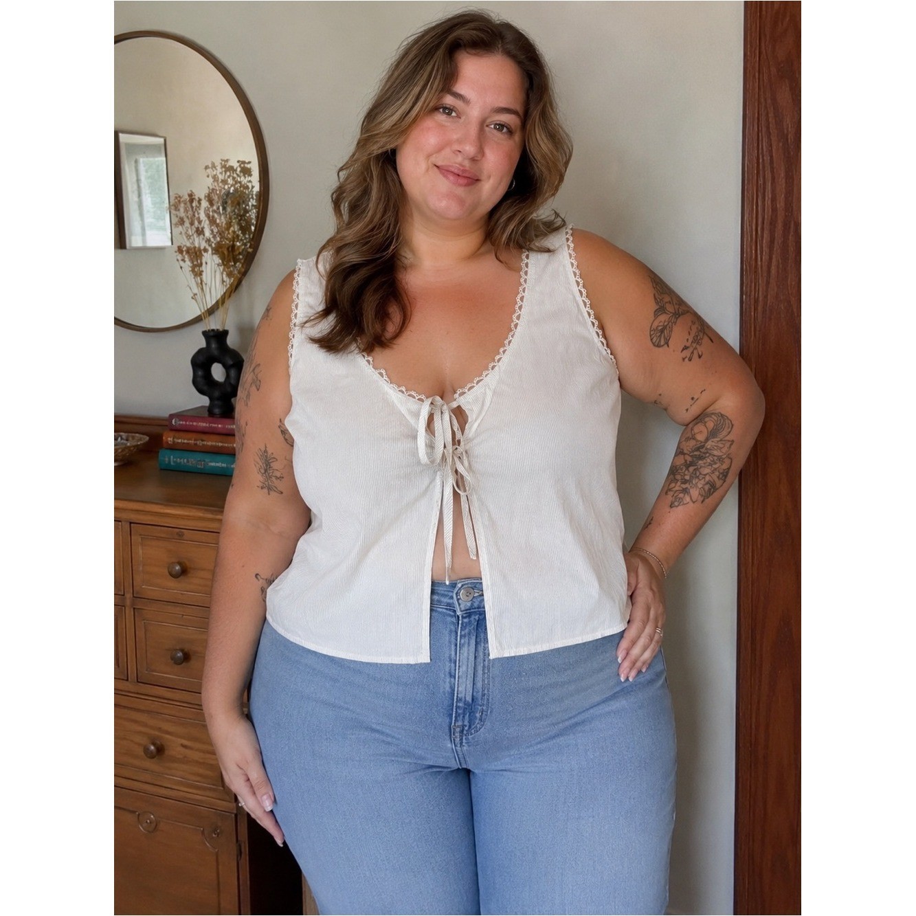 Aerie Lace Trim Tie Front Crop Tank Top White Pinstripe Sleeveless Large