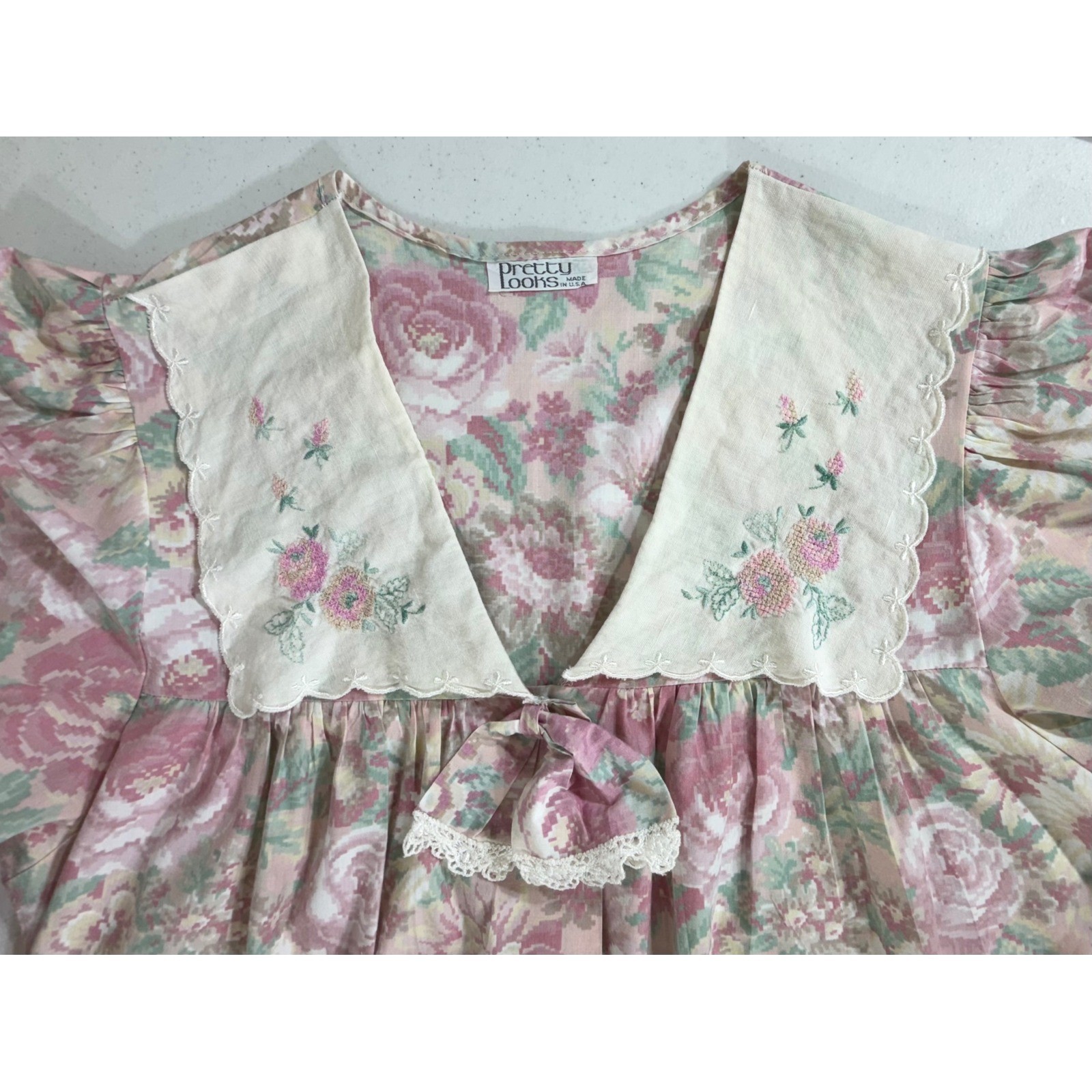 Pretty Looks Nightgown Large Pink Florali Embroidered Collar Vintage USA Cottage