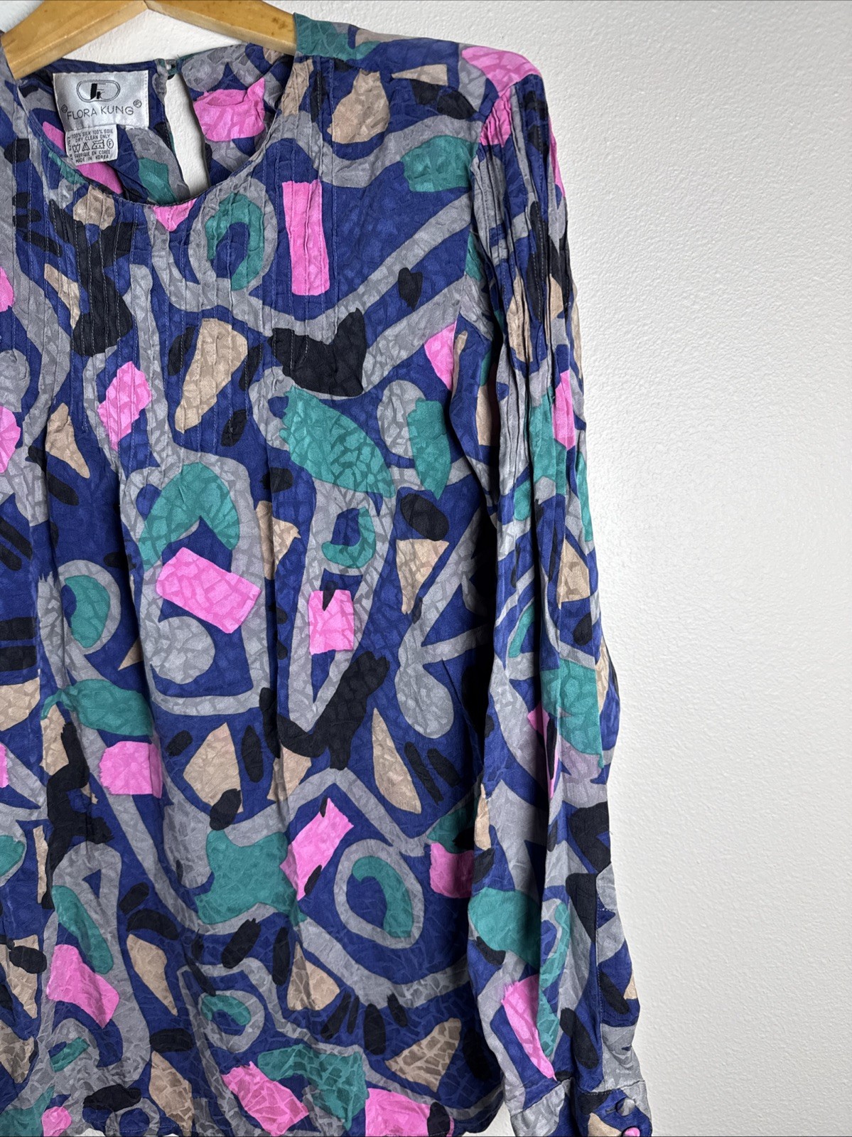 Vintage 80&rsquo;s Flora Kung Abstract multicolor, long sleeve silk Blouse