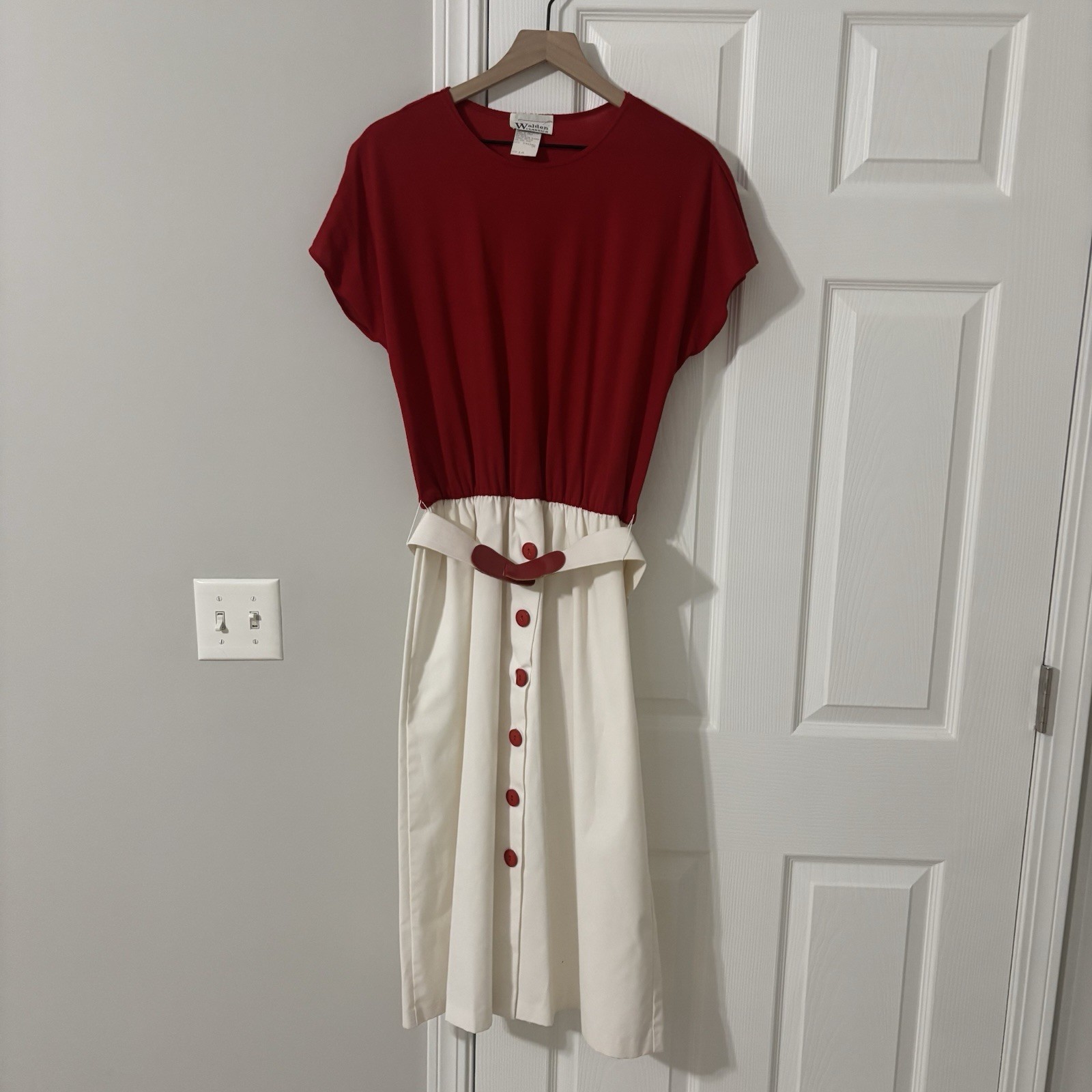 VINTAGE 1960s 70s WALDEN CLASSIC BURGUNDY RED DRESS & BELT SIZE 14 COTTON POLY