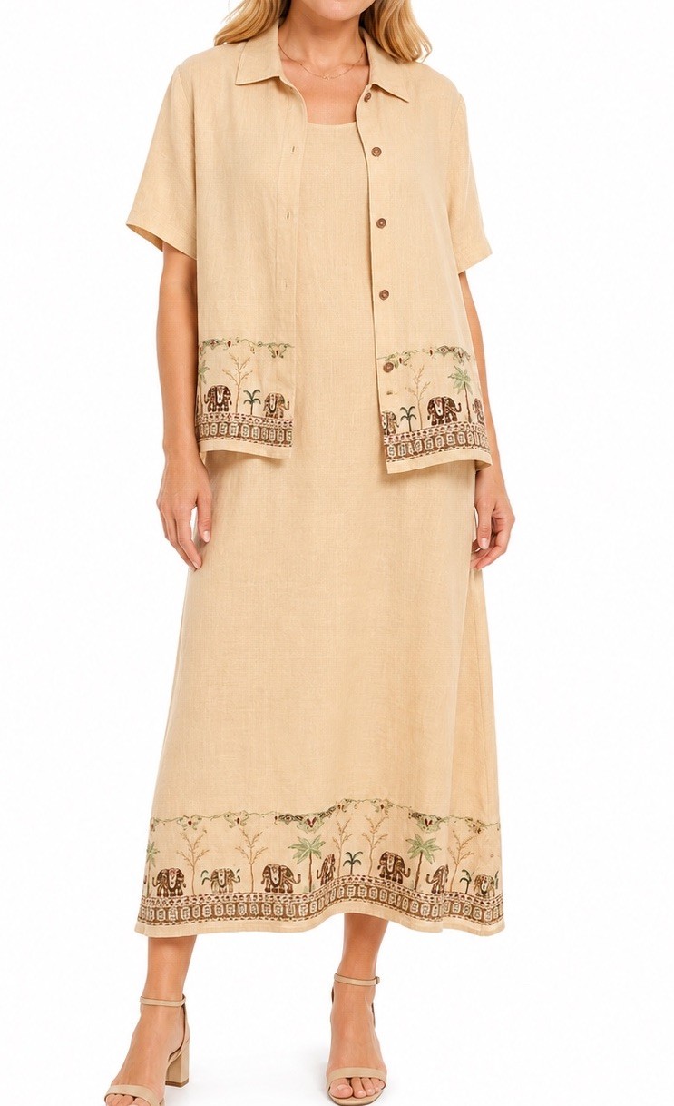 VTG Plaza South 100% Linen Maxi Dress & Sleeve Jacket Embroidered Womans 18W