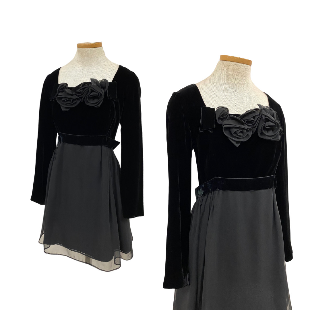Vtg Vintage 1960s 60s Miss Elliette Black Velvet Rosette LBD Mini Party Dress
