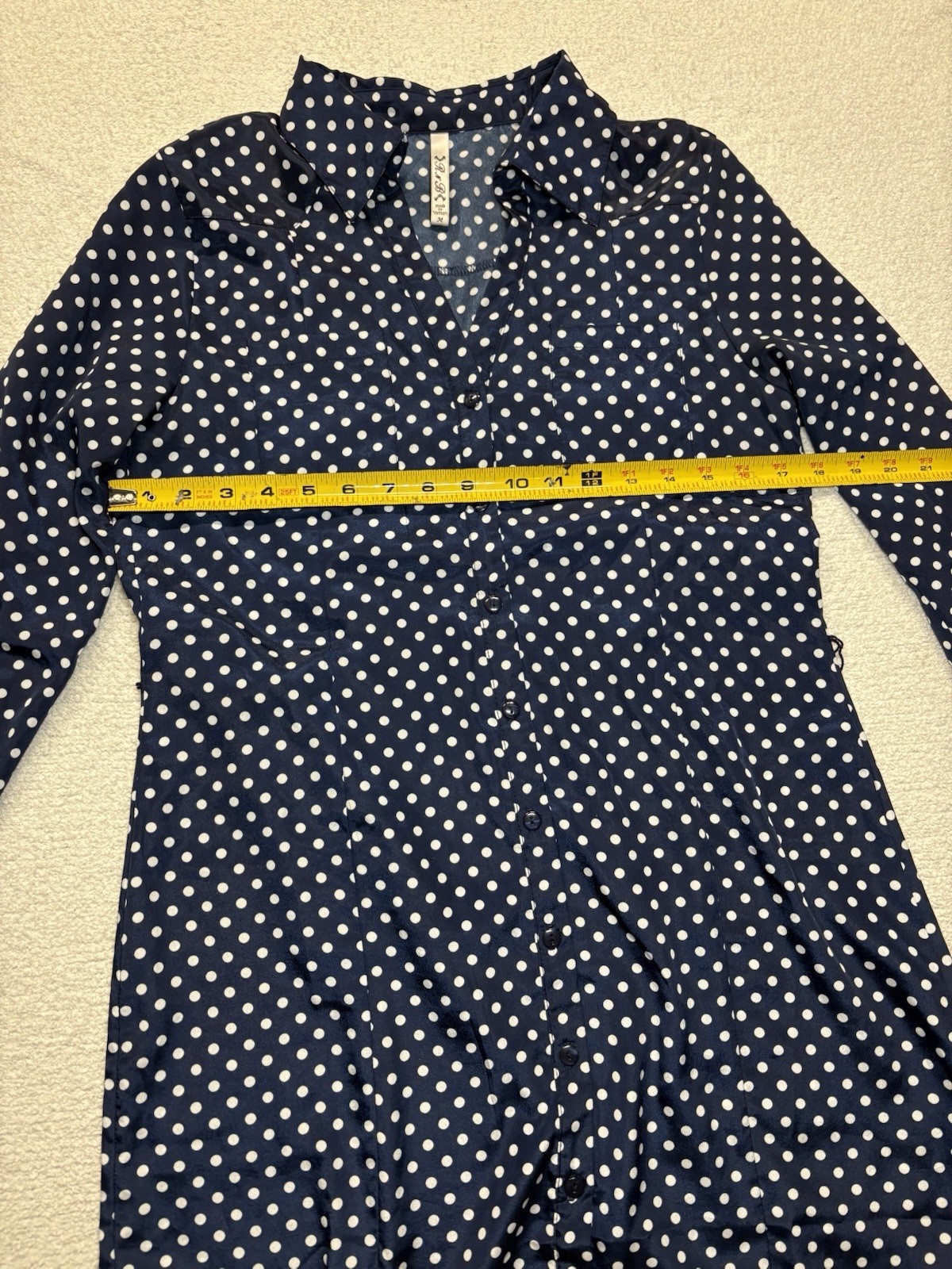 R N B Navy Blue Polka Dot Button Long Sleeve Dress – Size Medium Missing Belt