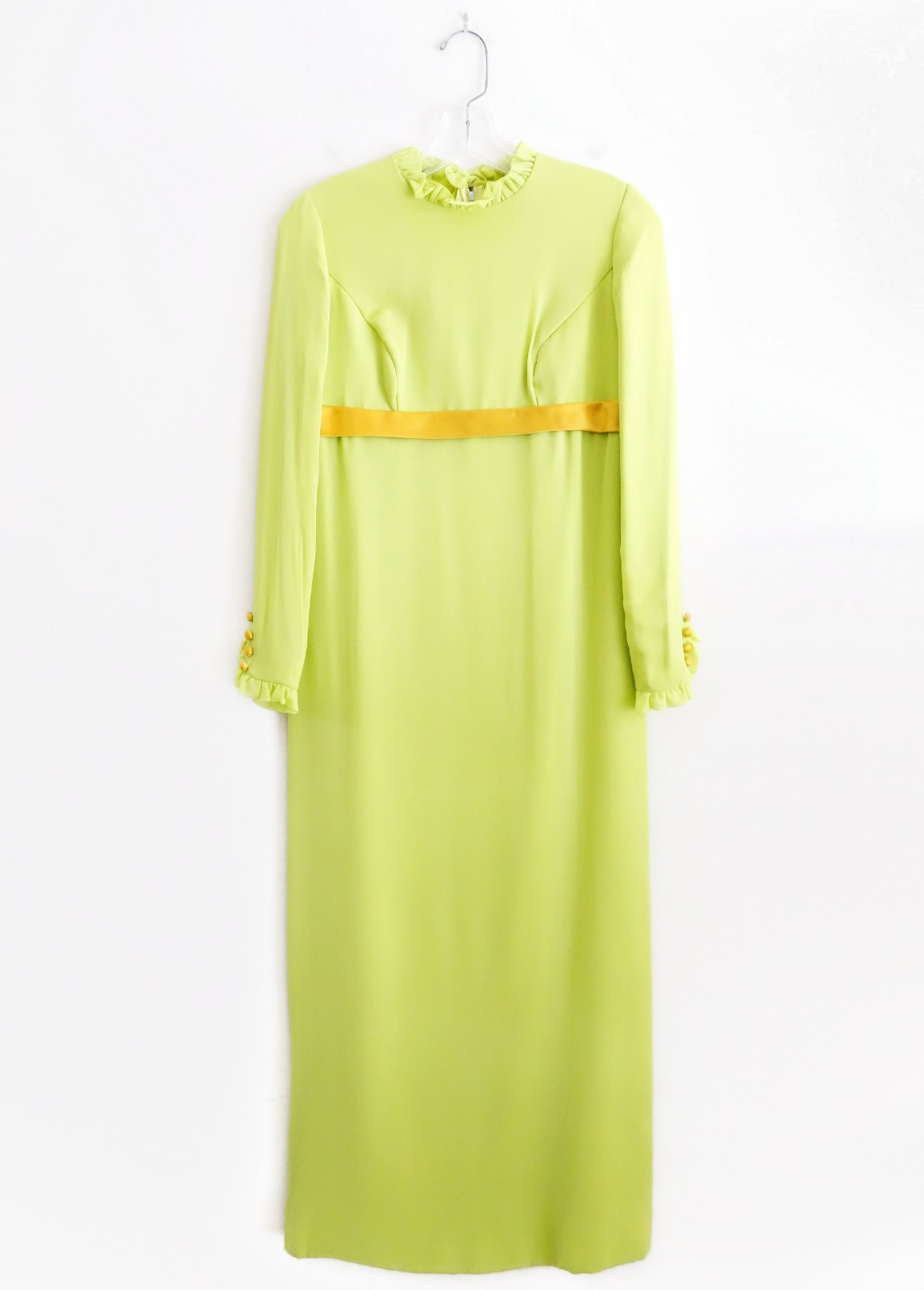 Vintage 60s Chartreuse Light Green Crepe Empire Waist Gown Long Dress est XS 0 2