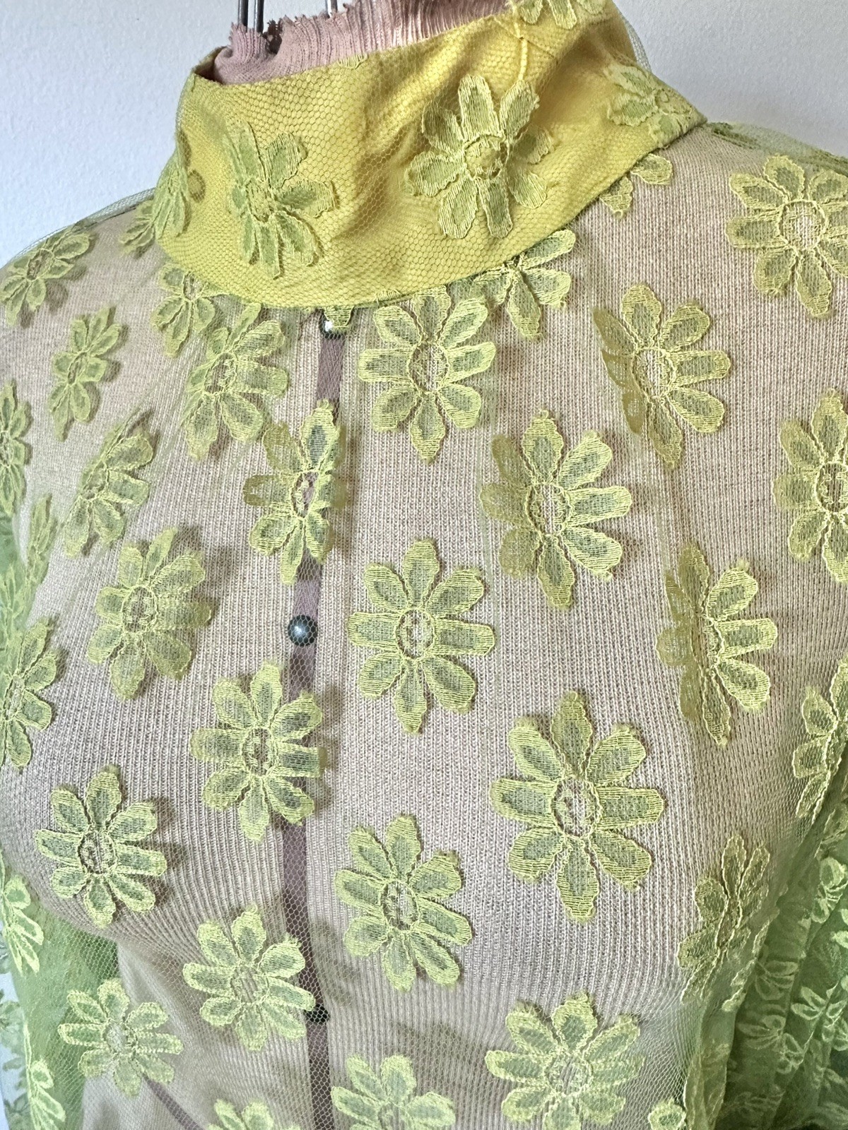 60’s MCM Avocado Green & Yellow Daisy Lace Dress