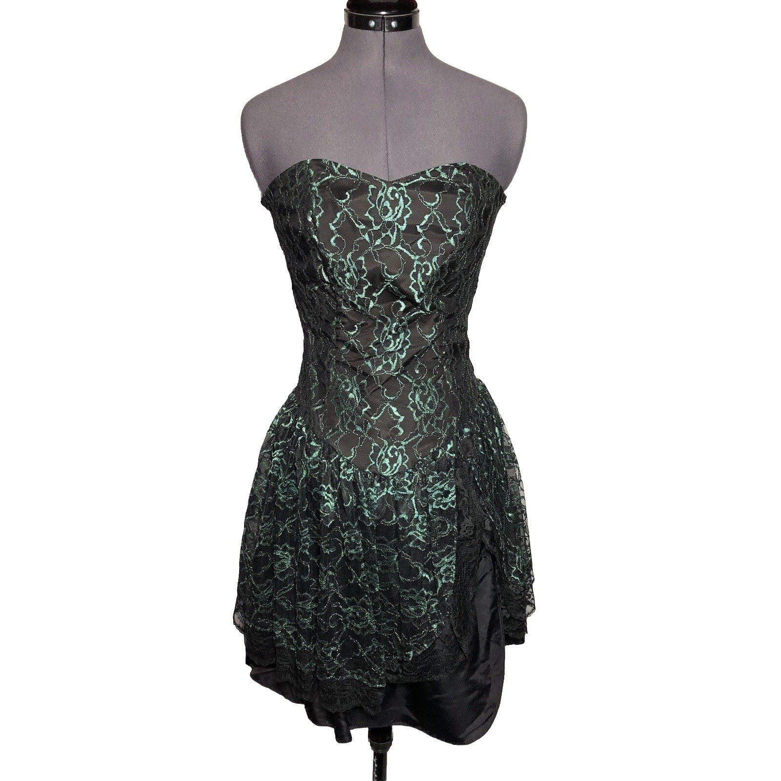 Vintage 80s Metallic Green Lace Gothic Witchy Prom Dress 34-26-40 Small