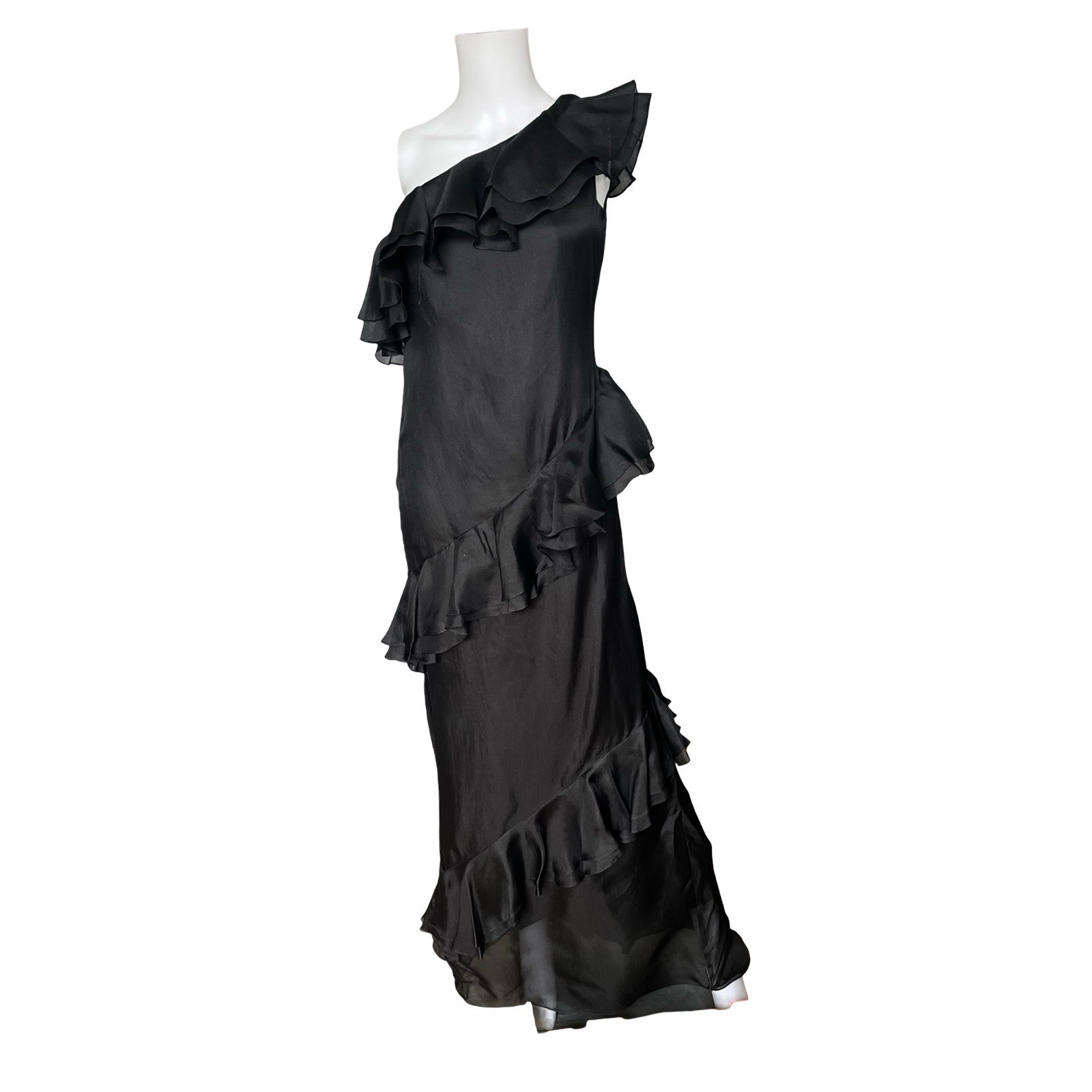 Vintage Bill Blass Black One Shoulder Evening Gown Dress Floor Length Ruffles