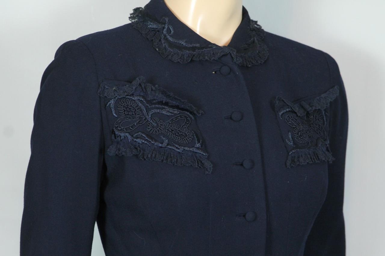 RARE Vtg 40s HATTIE CARNEGIE Navy 2pc Suit Blazer Jacket Pencil Skirt w/ Lace S