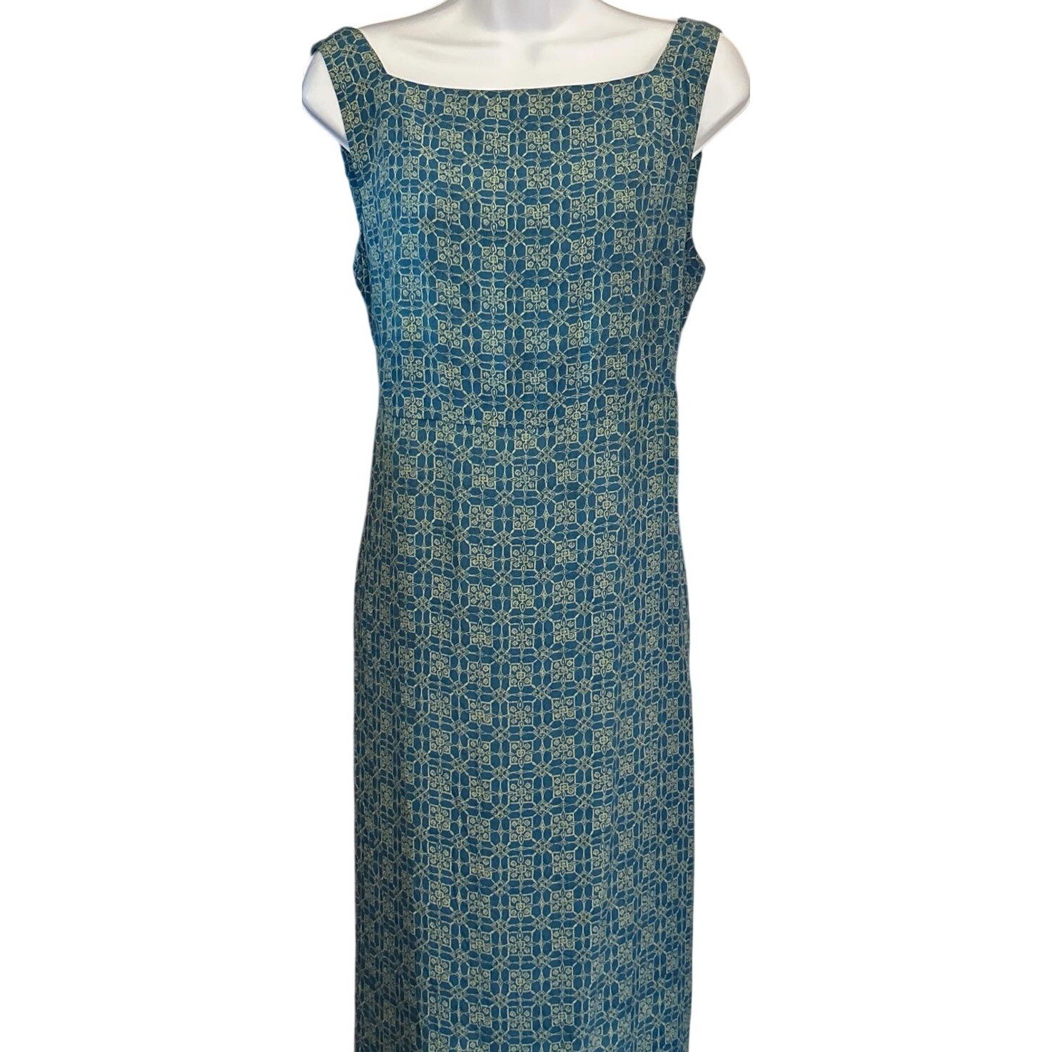 Vintage 90s Amanda Smith Silk Maxi Dress Boho Coastal Tile Print Teal Gold Large
