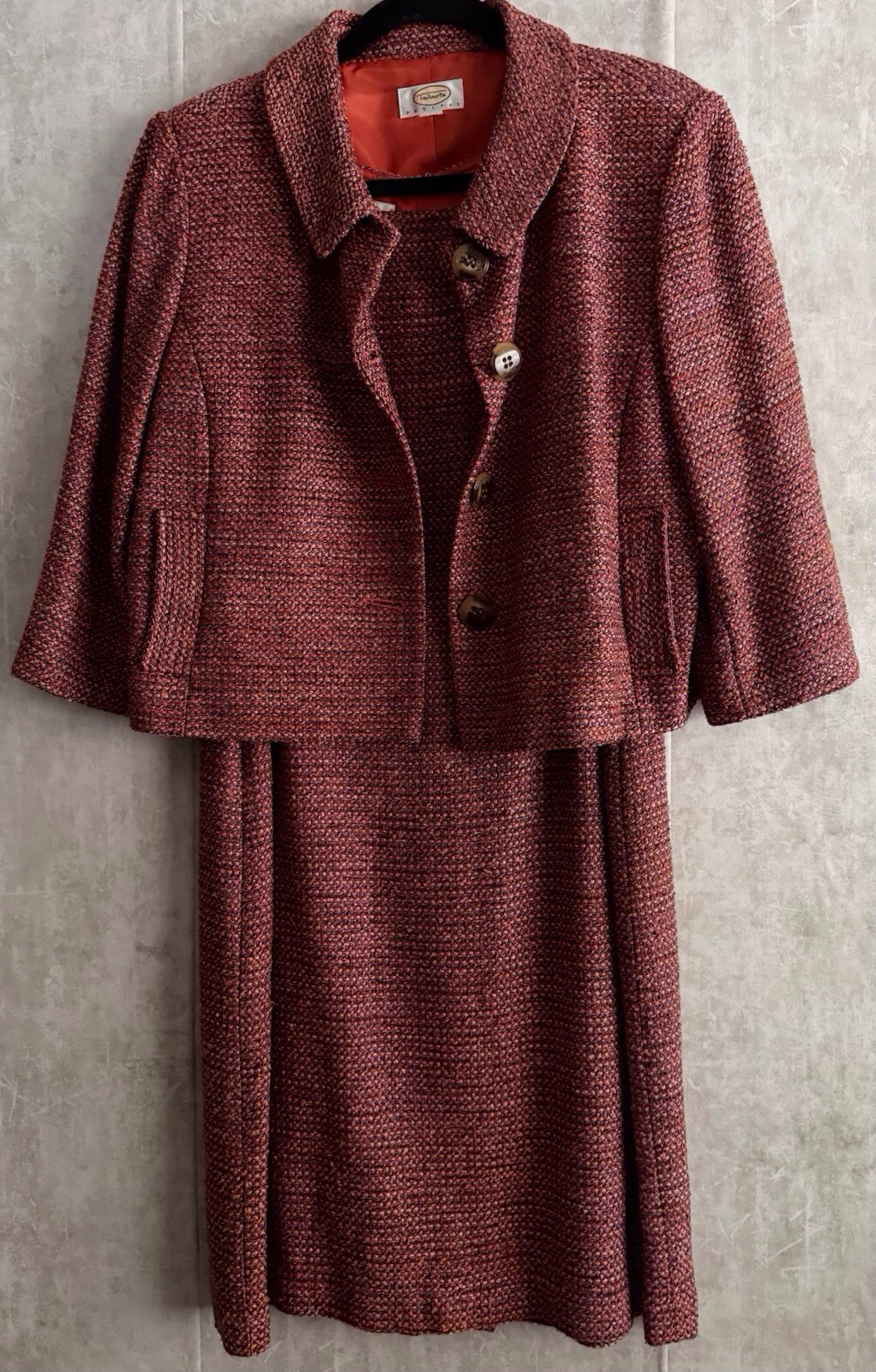 Talbots 2pc Silk Blend Multi Rasberry/Wine Tweed Sheath Dress Jacket Set Sz12P