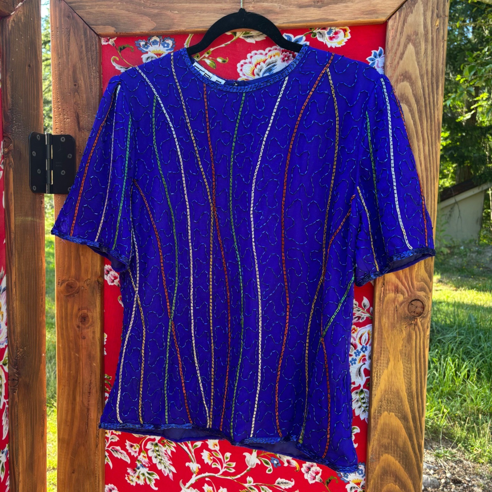 VTG 90&rsquo;s 100% Silk Blue Beaded Multicolor Boho Chic Glam Blouse Women&rsquo;s Size L