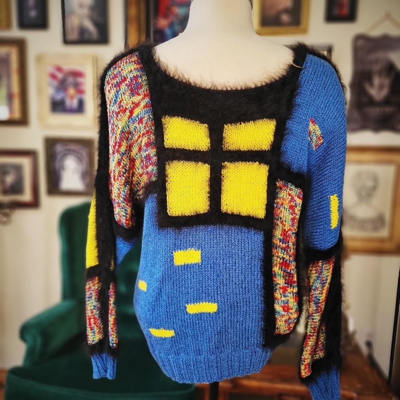 Colorblock Sweater Abstract Knit Vintage 90s Angora Fur Trim Blue Yellow M/L