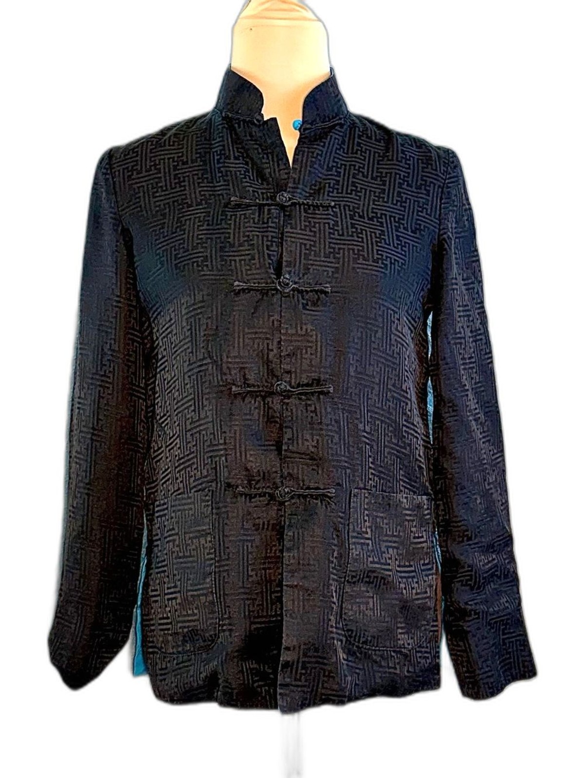 Vintage Henki Reversible Silk Satin Mandarin Jacket Black Turquoise Vtg Sz M