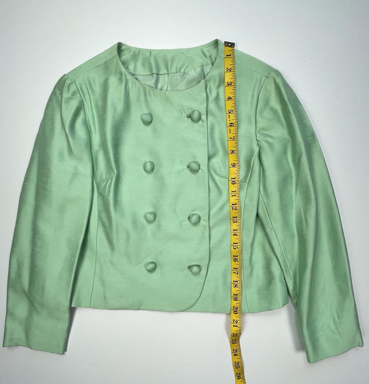 Vtg 60s Sakowitz Mint Green Dress Jacket Set Beaded Rhinestone Collar Suit Sz 12