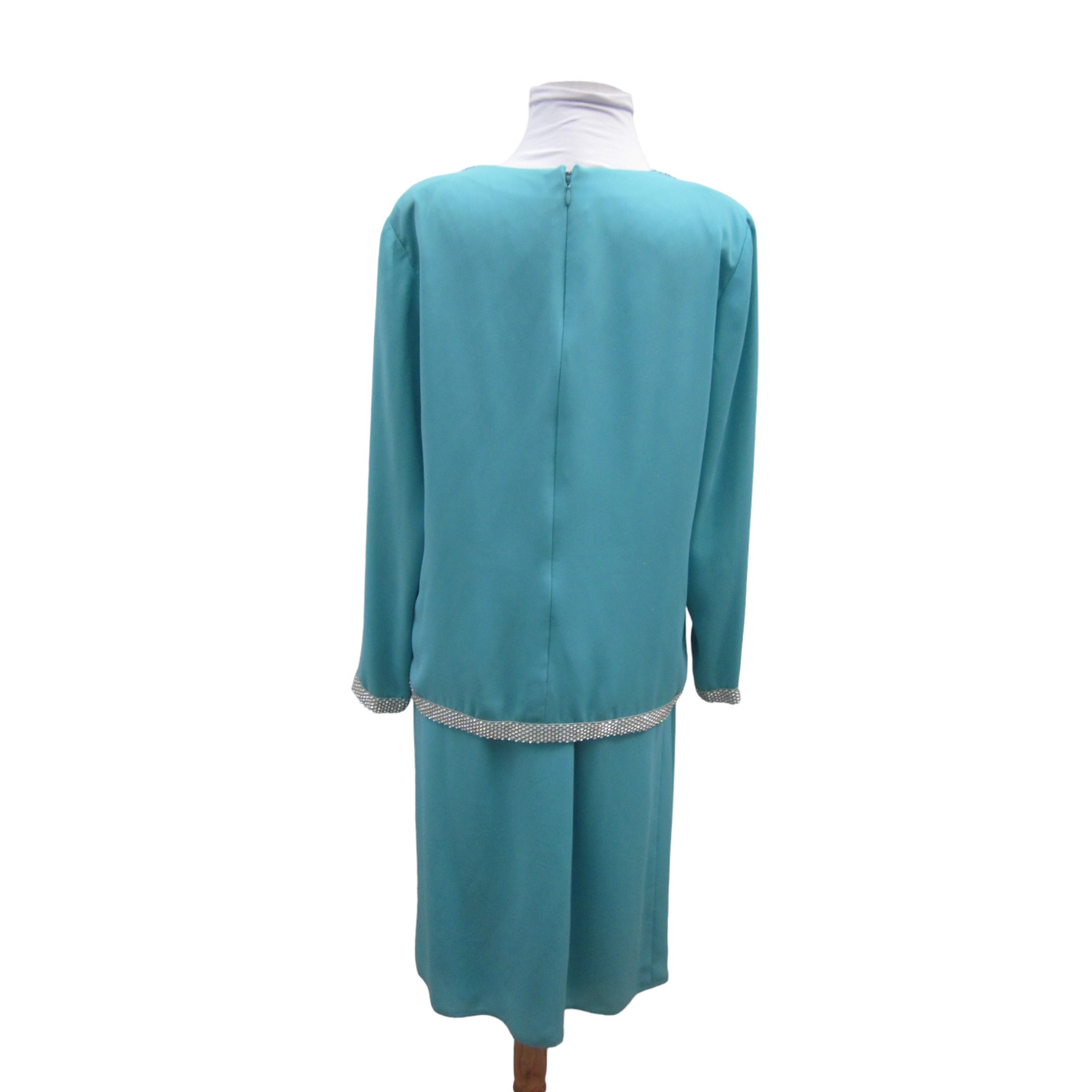 VTG Aqua Blue 2 Pc Bling Rhinestone Trim Evening Top & Skirt Outfit Sz L