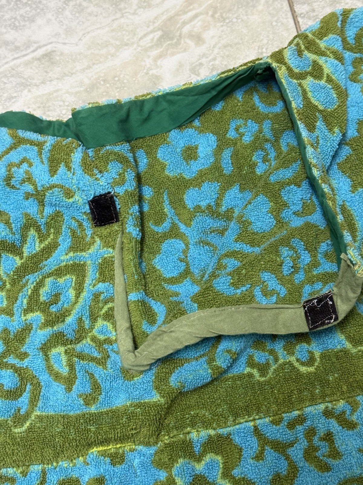 Vintage Green Blue Cover-Up Fringe Terrycloth Towel Dress Caftan Beach Poolside