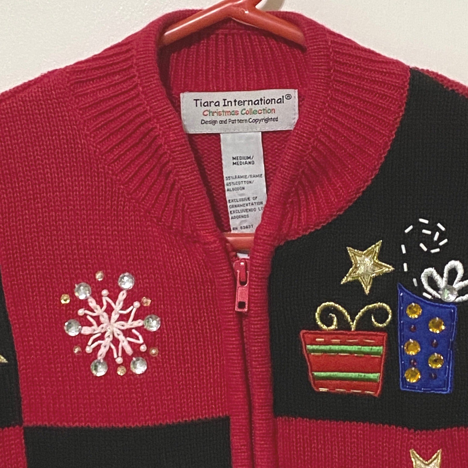 Embroidered Beaded Christmas Sweater Vtg 90s Y2K Zip Up M Red Kitschy Holiday