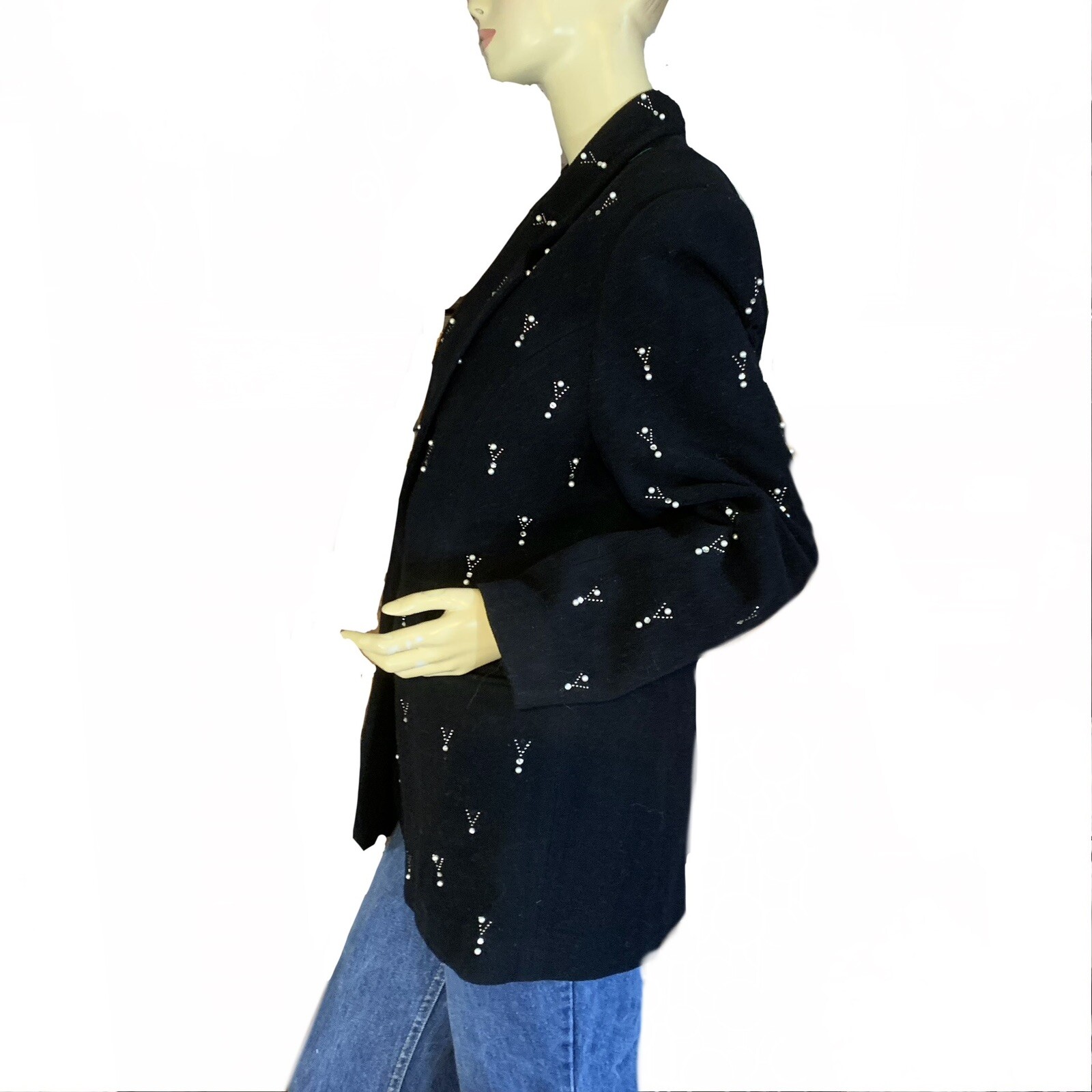VINTAGE 1980&rsquo;S FOCUS 2000 BLACK WOOL & CASHMERE BLEND BEADED BLAZER SIZE 12