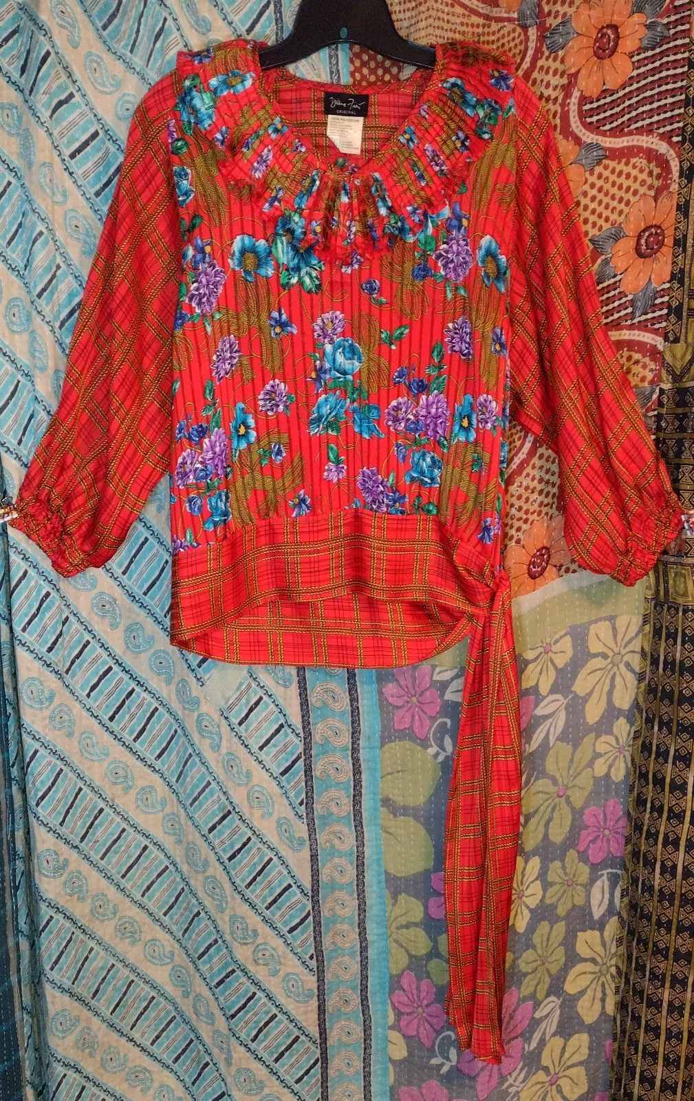 Women&rsquo;s VTG Diane Freis Origianal Boho Floral Blouse Tassels Tied Waist 38B