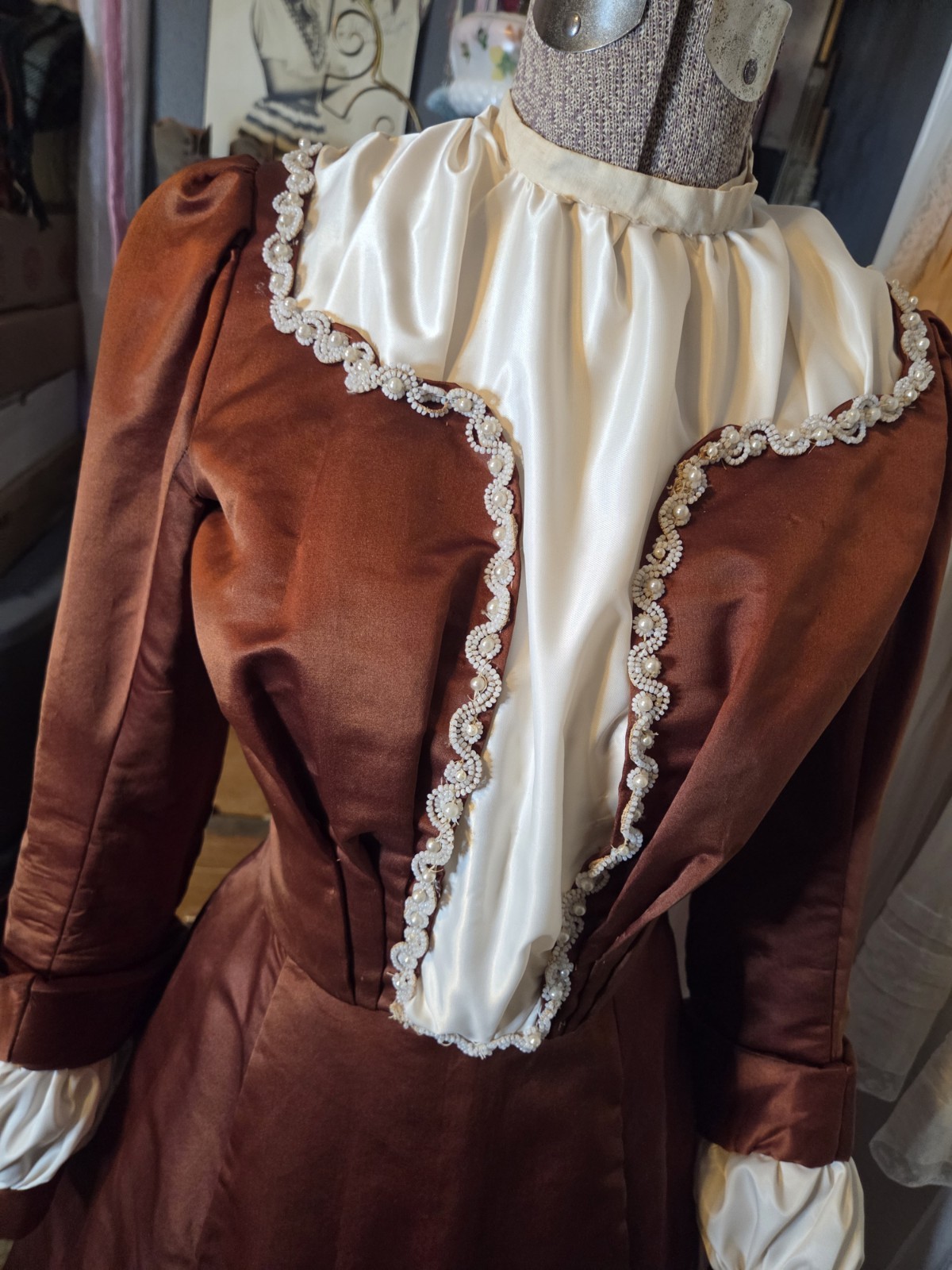 Victorian Copper Silk Blend Walking Suit w/ Ivory Taffeta Inserts & Pearl Trim