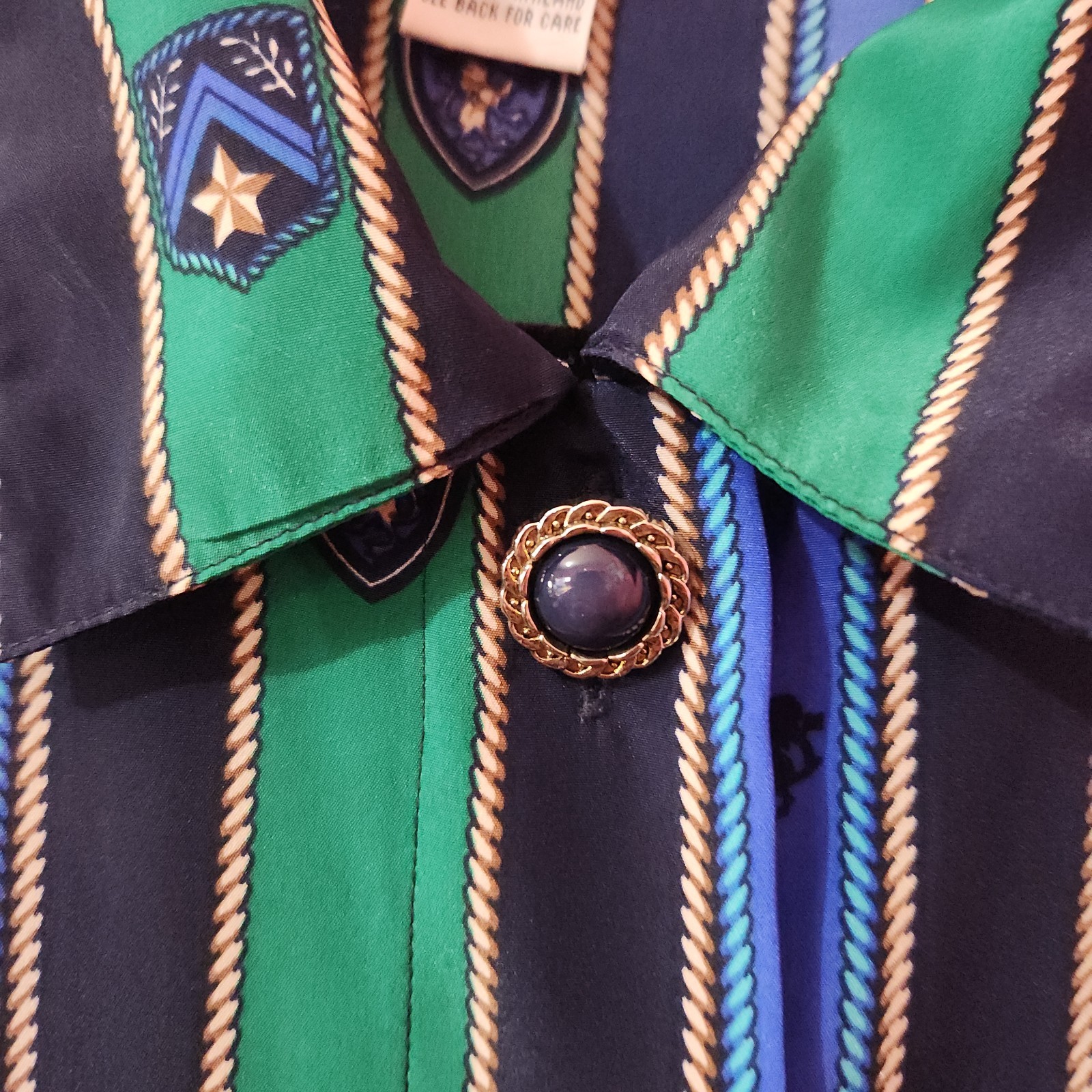 Fancy Elegant Vtg 80s blue green striped equestrian hidden button blouse size 10