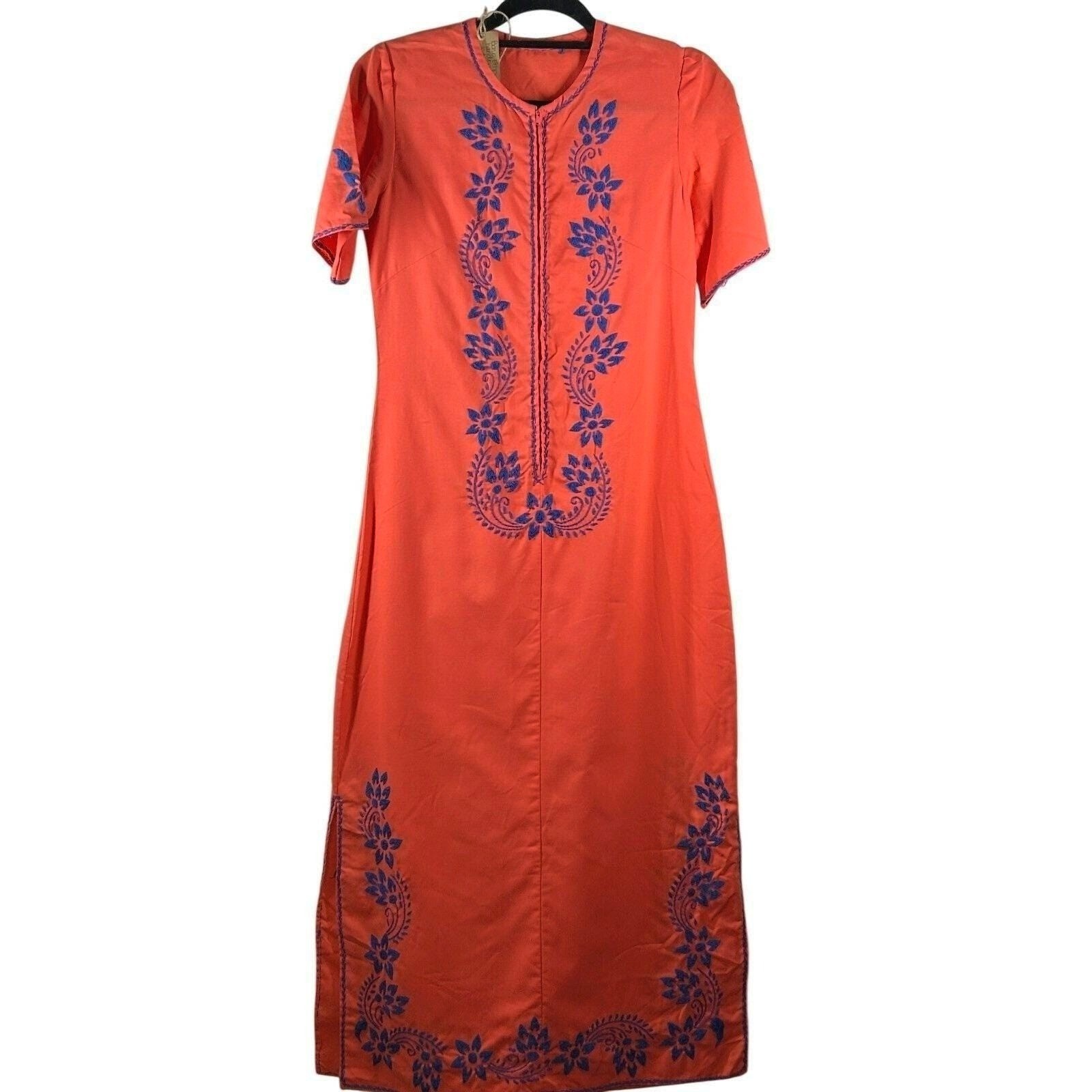 Wms Vintage Kaftan Maxi Dress Coral Blue Floral Embroidered Boho Unbranded