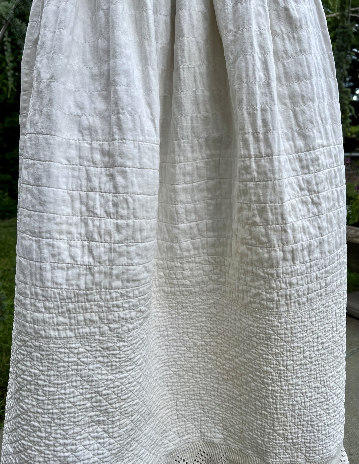 ANTIQUE EDWARDIAN WHITE COTTON QUILTED PETTICOAT W/ CROCHETED HEM