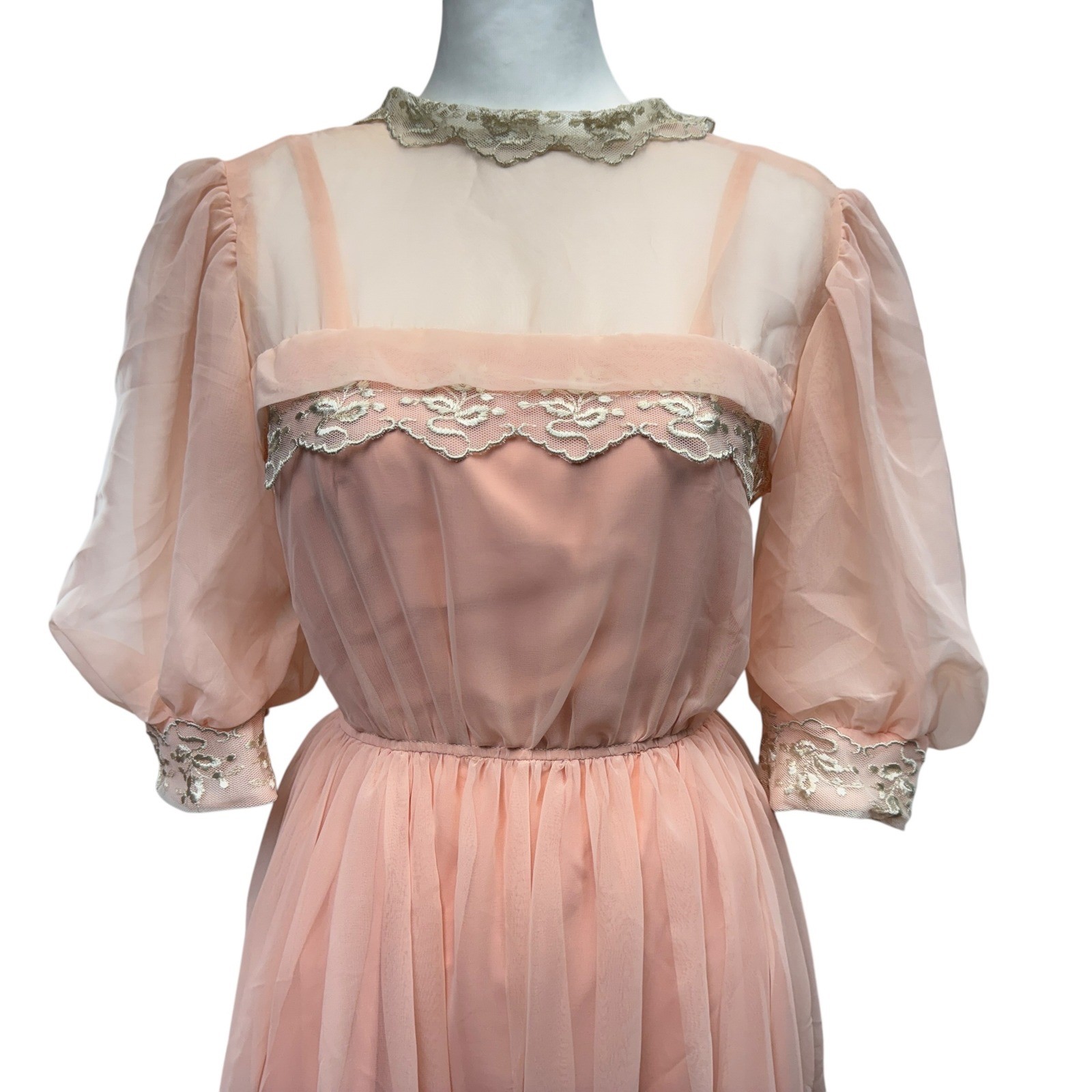Vintage Peach Chiffon Lace Midi Dress Size XS Puff Sleeve Regency Core Pink Gown