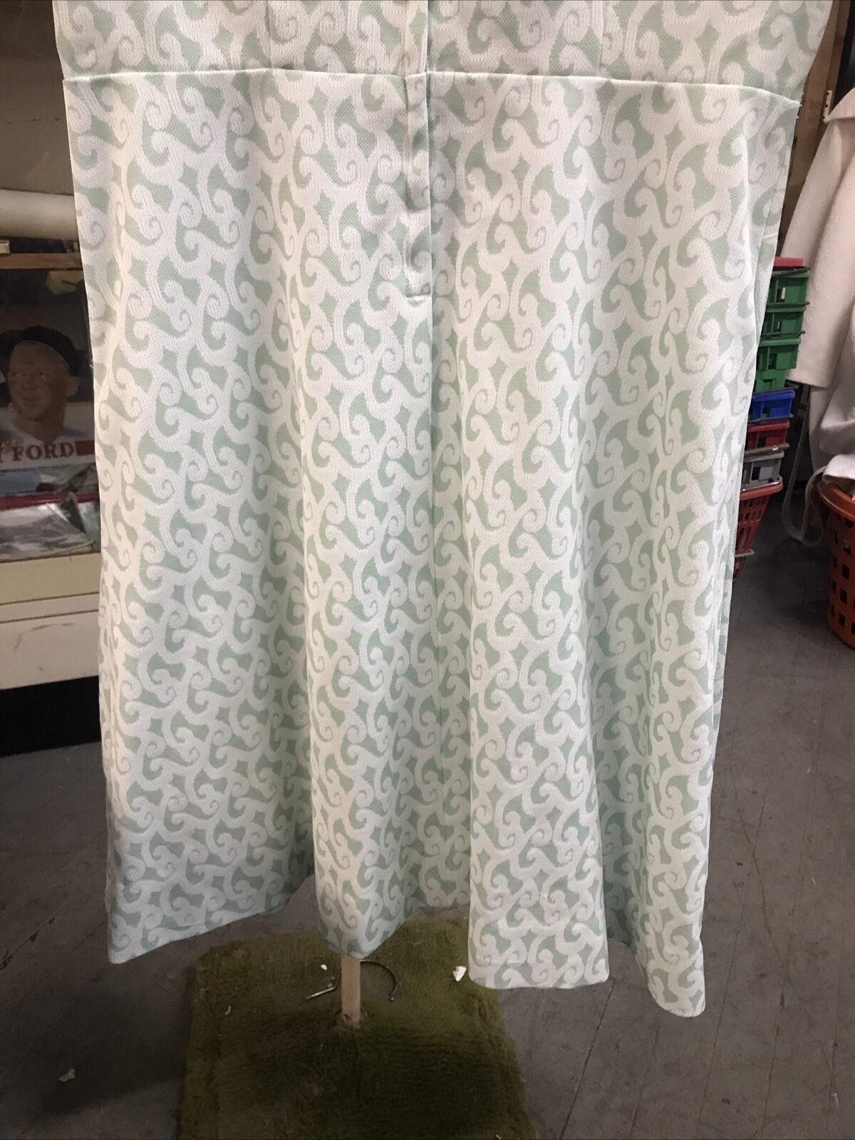 Vintage 70s Shift Dress Double Knit Poly Handmade Green White Geometric Sz M