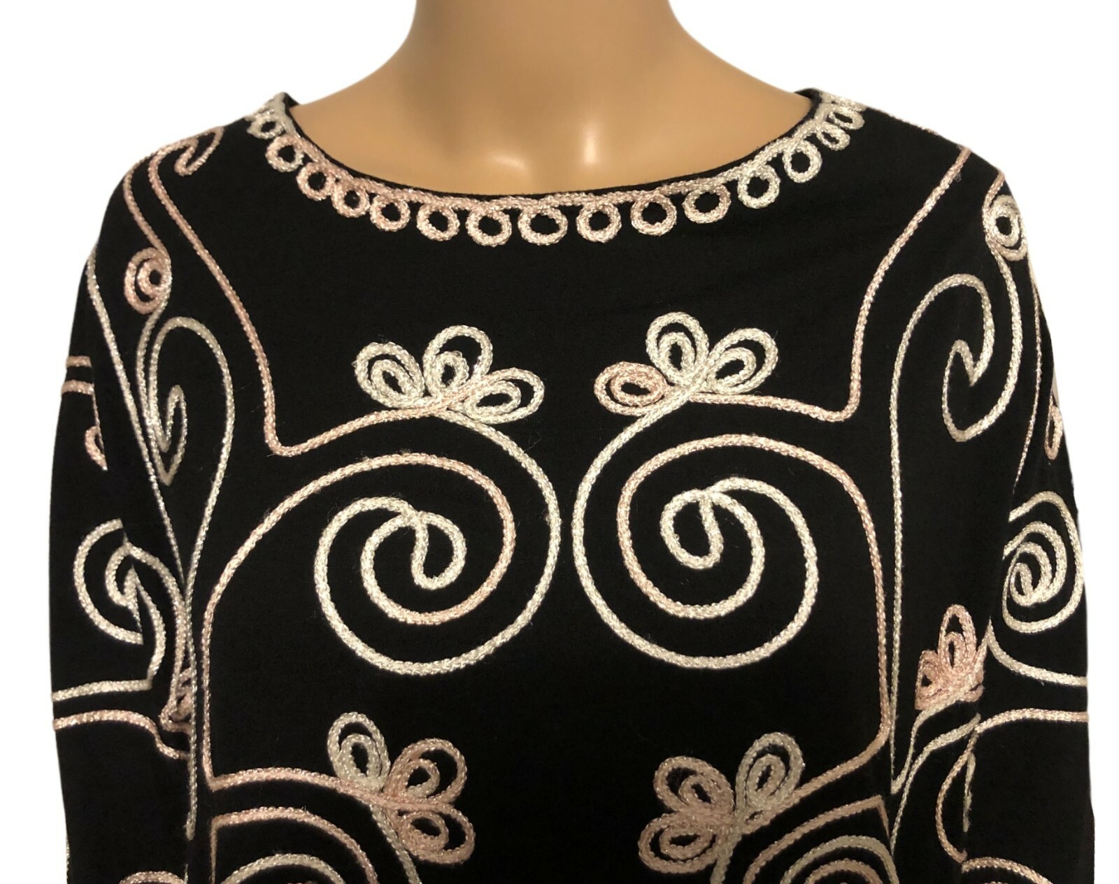 vtg MAGGIE BARNES Soutache Tunic Top 2X Black Stretch Knit Party/Cocktail