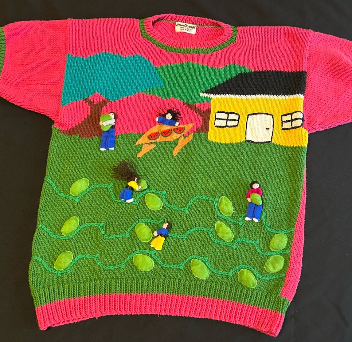 VTG 80&rsquo;s PICKING WATERMELON HANDMADE PERUVIAN EMBELLISHED NOVELTY SWEATER S-LG