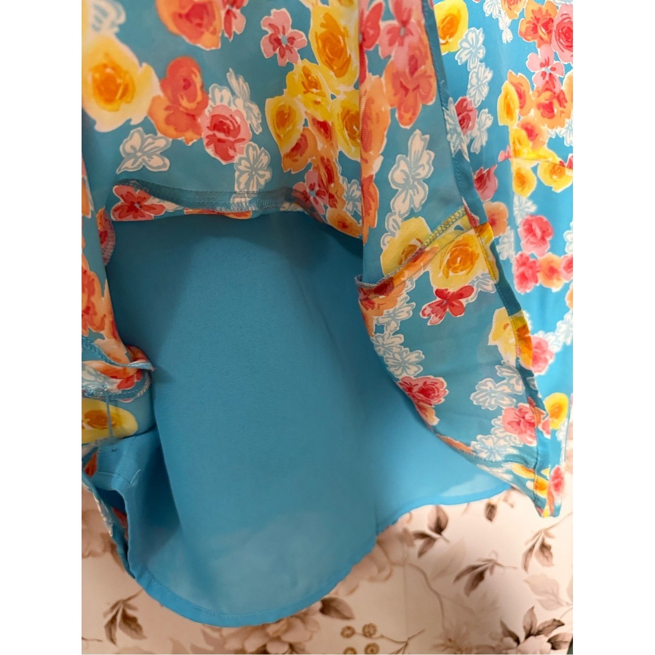 Harold&rsquo;s 100% Silk Teal A-Line Skirt with Yellow & Pink Floral Print