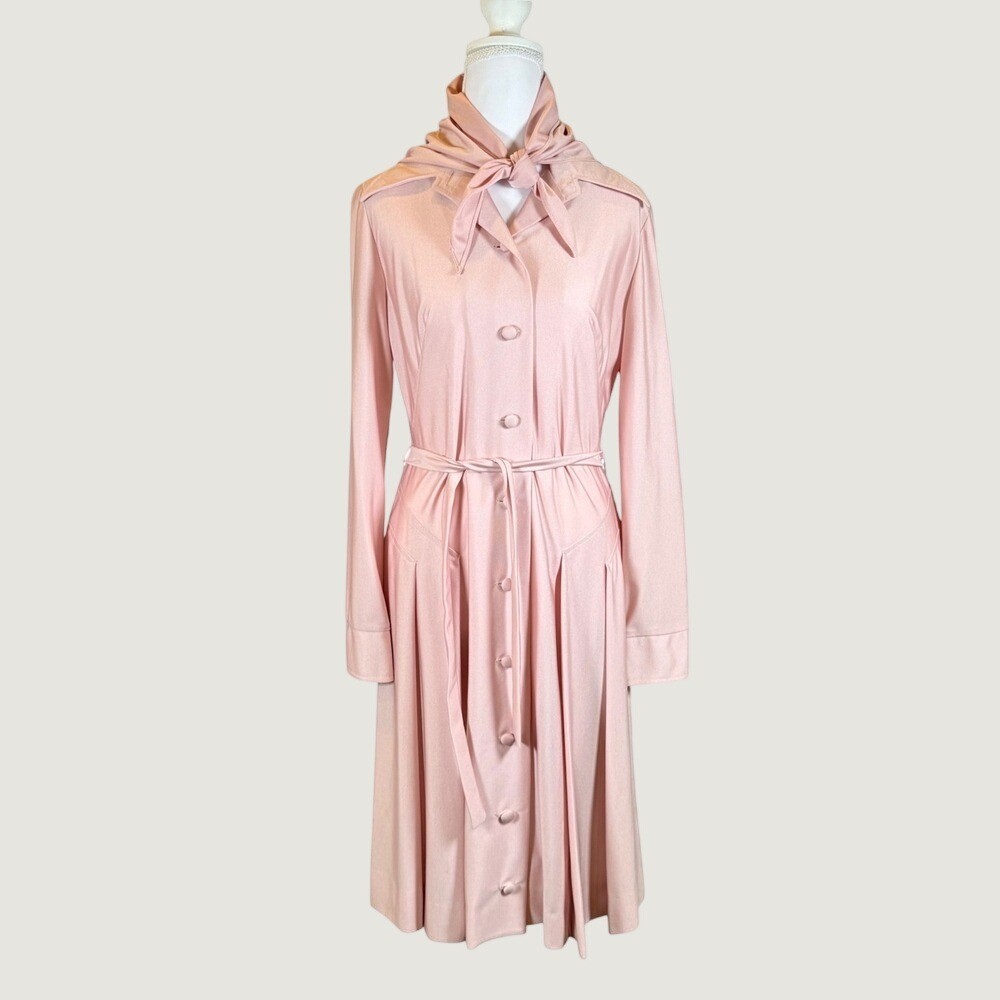 Vintage Alfred Werber Dress Pink Long Sleeve Button Front Scarf Belted 70s Mod