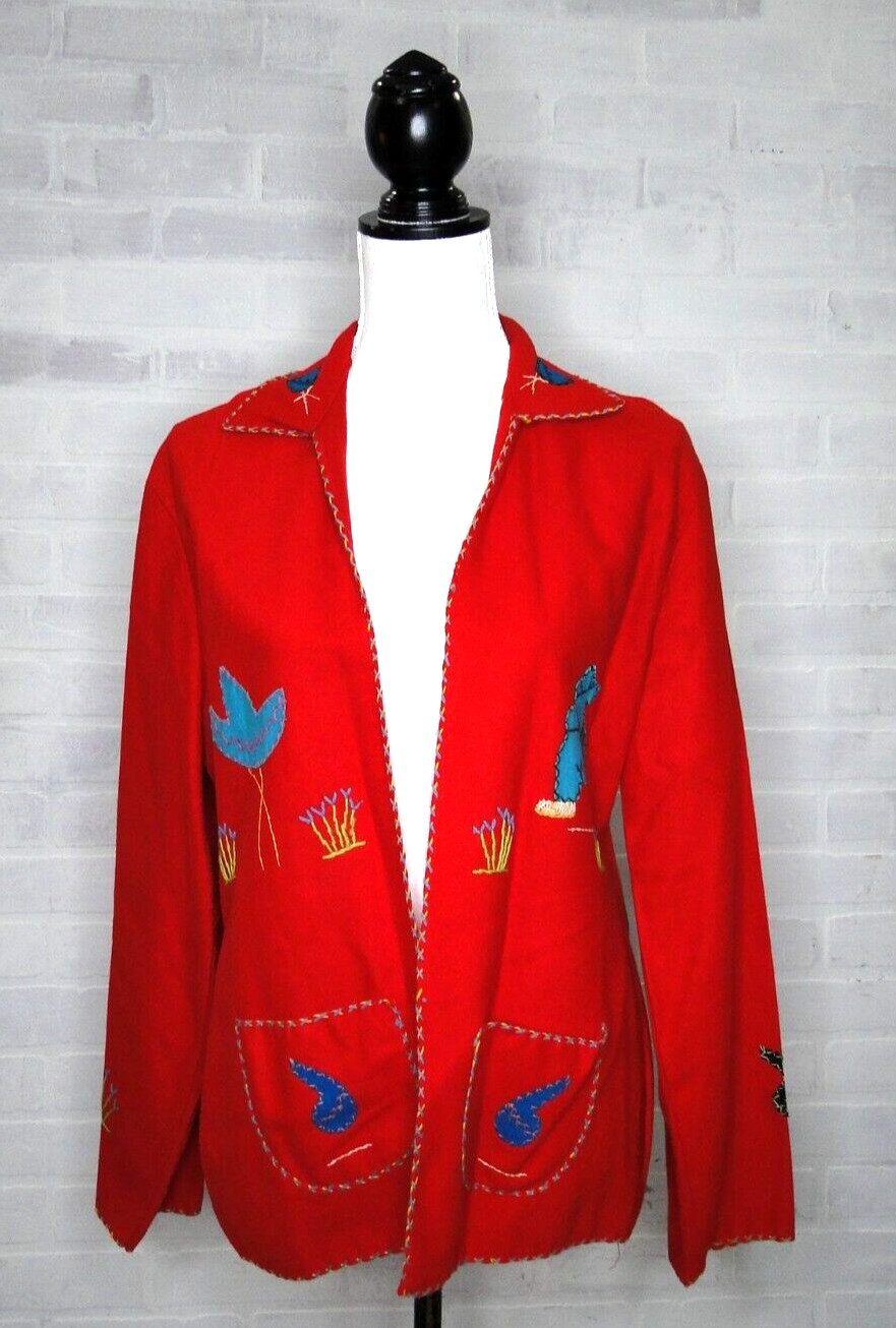 Vintage 40s jacket Wool Medium LOPEZ MEXICO Embellished FELT Couple On Back Red