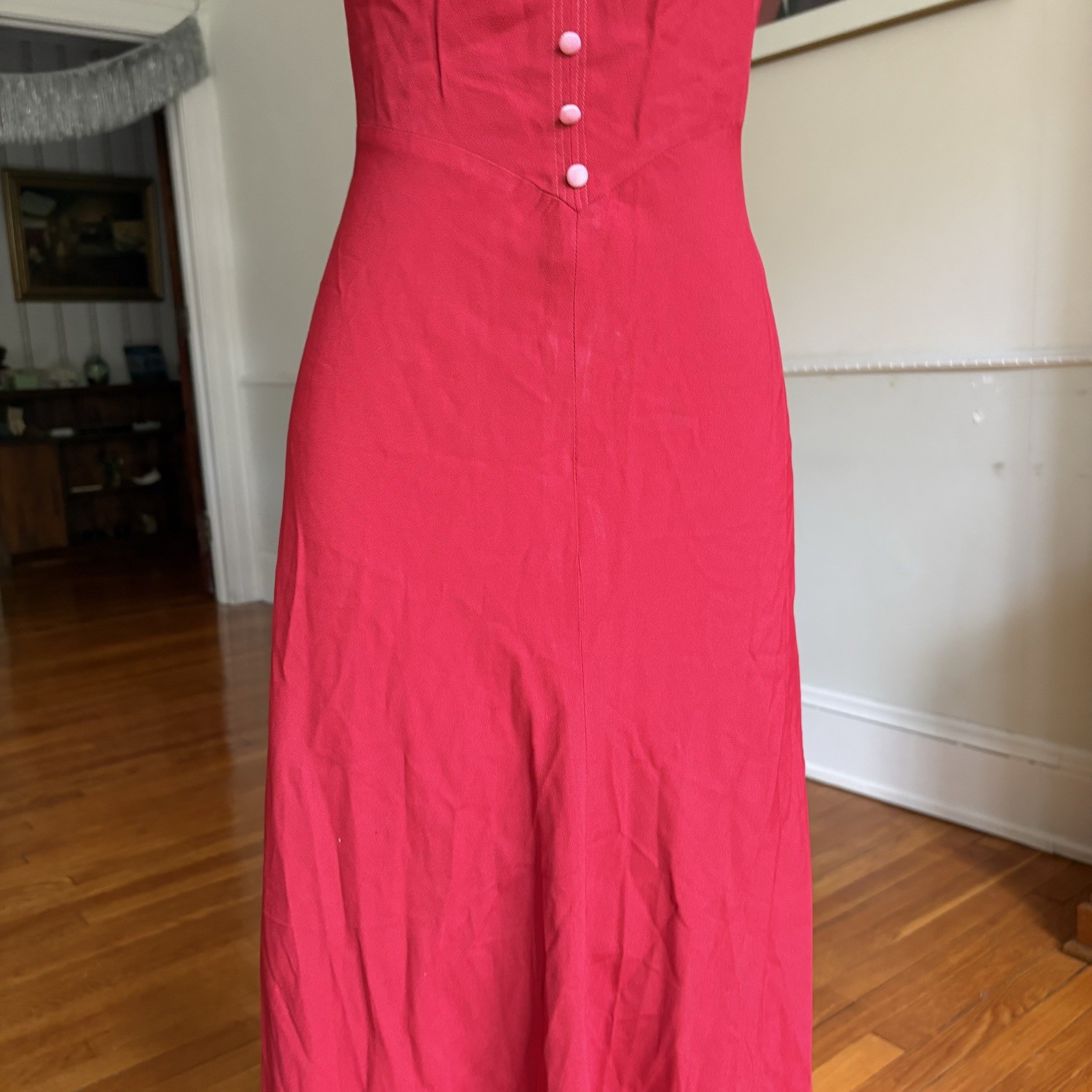Vintage 1970s Foxy Lady Red Maxi Dress Women’s Ruffled Gown Acetate Nylon Blend