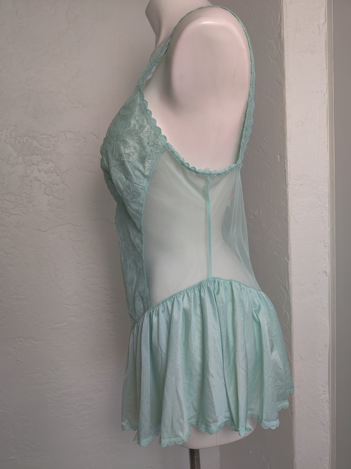 Vintage Alana Gale Large Sexy Babydoll 4663 Nightie Ruffle Lace Chiffon Aqua EVC