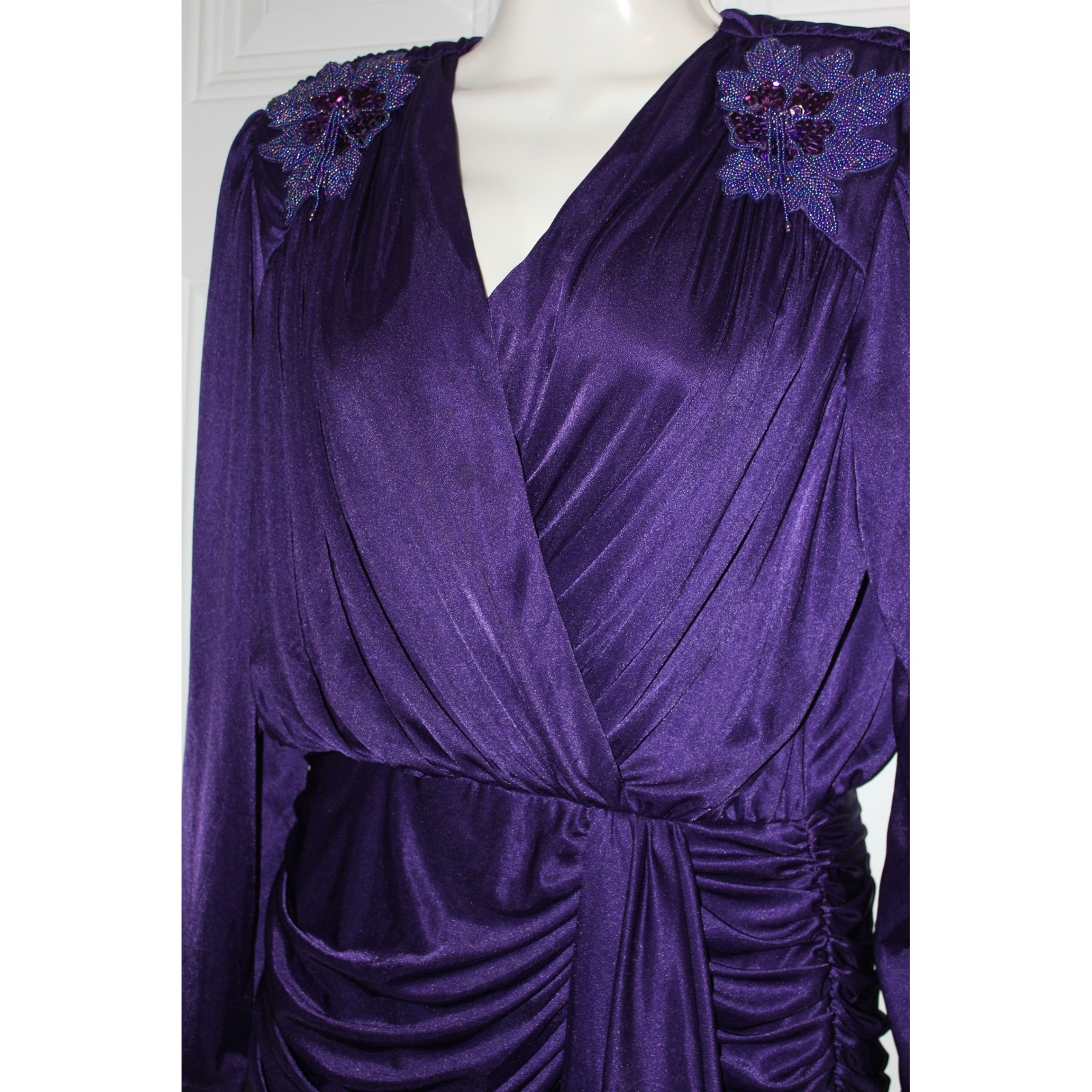 Abby Kent Vintage 80s Purple Beaded Sequin Ruched Dress SZ 14 USA Whimsical Glam