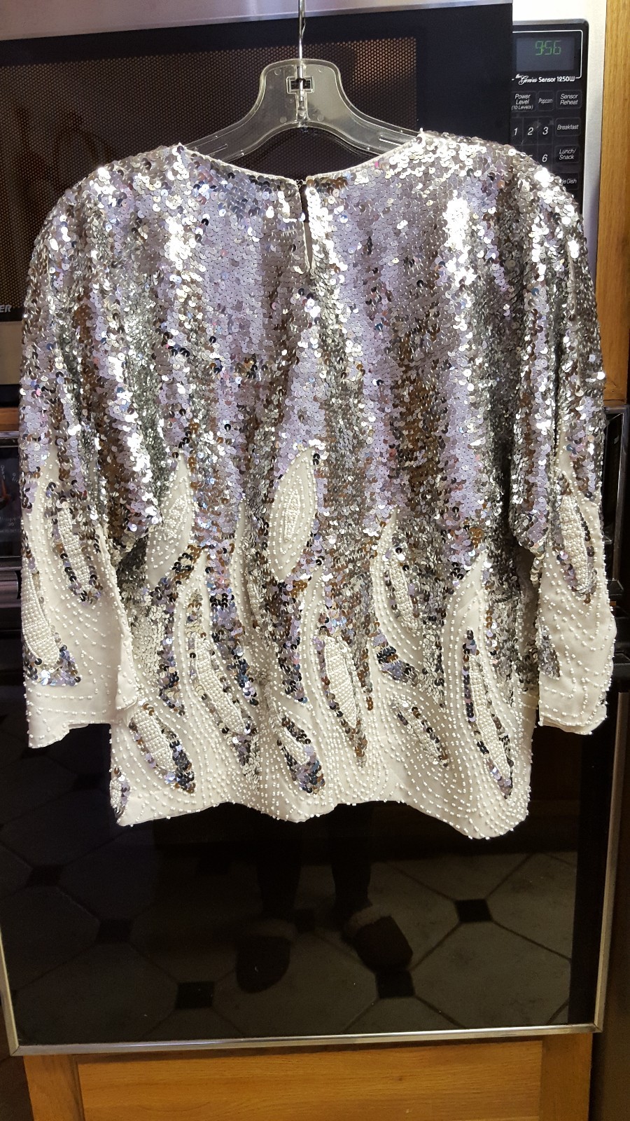 Vintage SILK Sweater Dolman Sleeves TONS SILVER SEQUINS Faux PEARLS S/M BEAUTY!