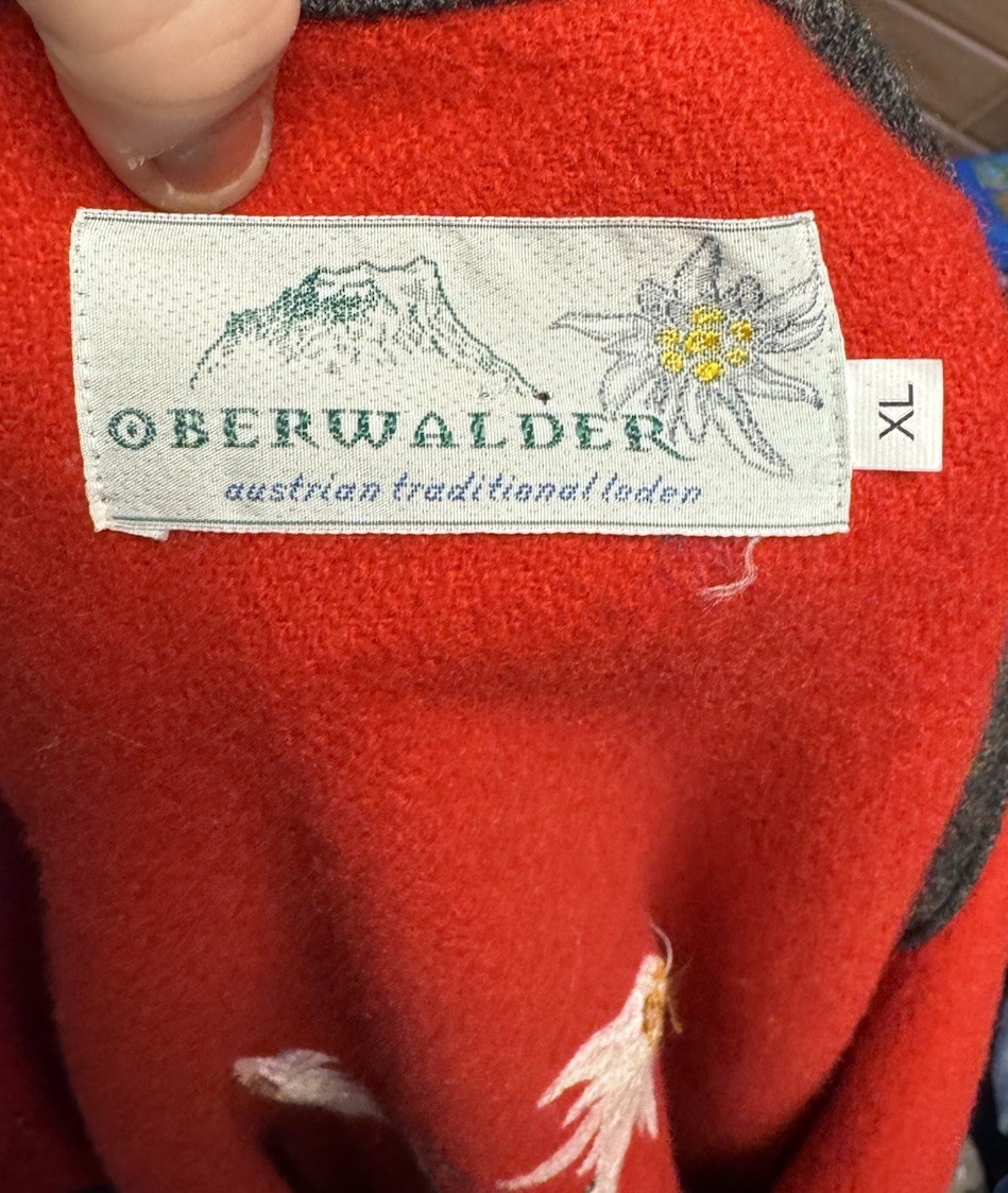 Oberwalder Red Wool Jacket XL Embroidered Edelweiss Austrian Trachten