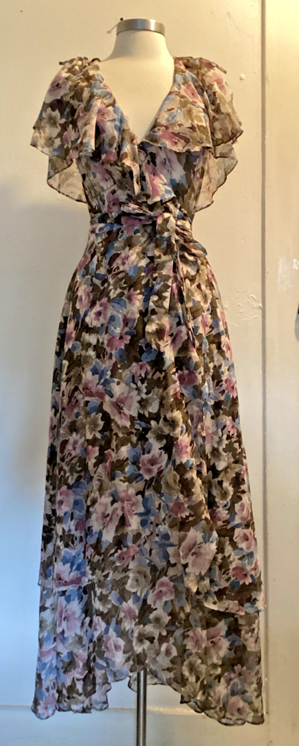 vintage 70&rsquo;s cotton voile floral wrap maxi dress sz S/M