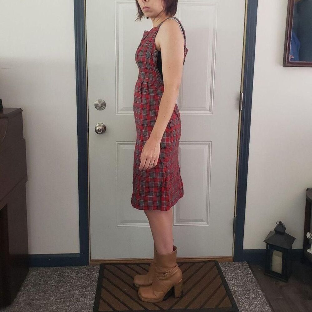 60s/70s Hand Made Square Neck Red and Gray Plaid Wiggle Dress