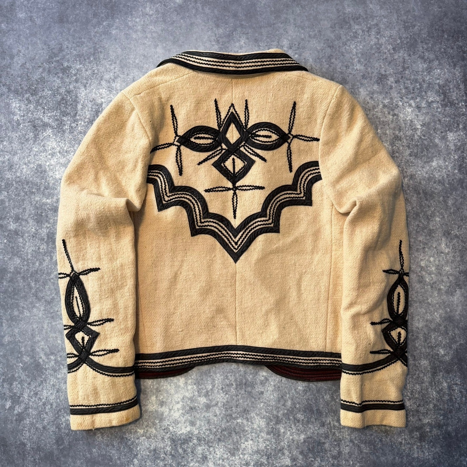 Vintage Soutache Embroidered Wool Jacket Beige Black Western Boho Cropped Blazer