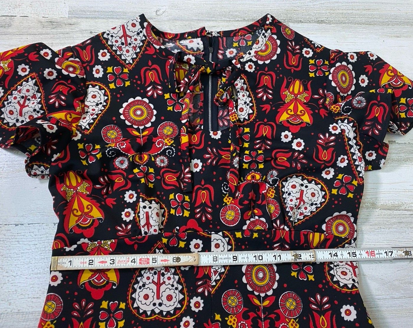 Handmade Vtg Hippie Boho Bold Print Keyhole Maxi Dress 17” Armpit Flutter Sleeve