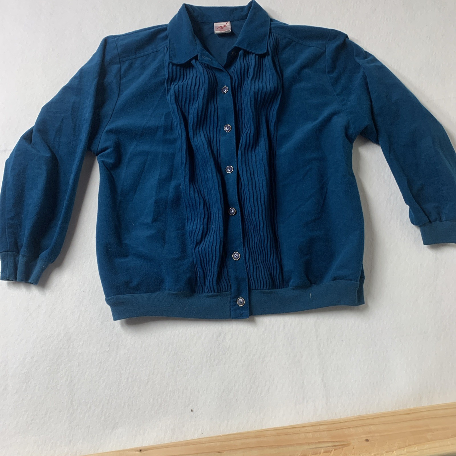 Vintage AJW Graff Petite Women&rsquo;s Teal Blue Pintuck Pleated Button Cardigan