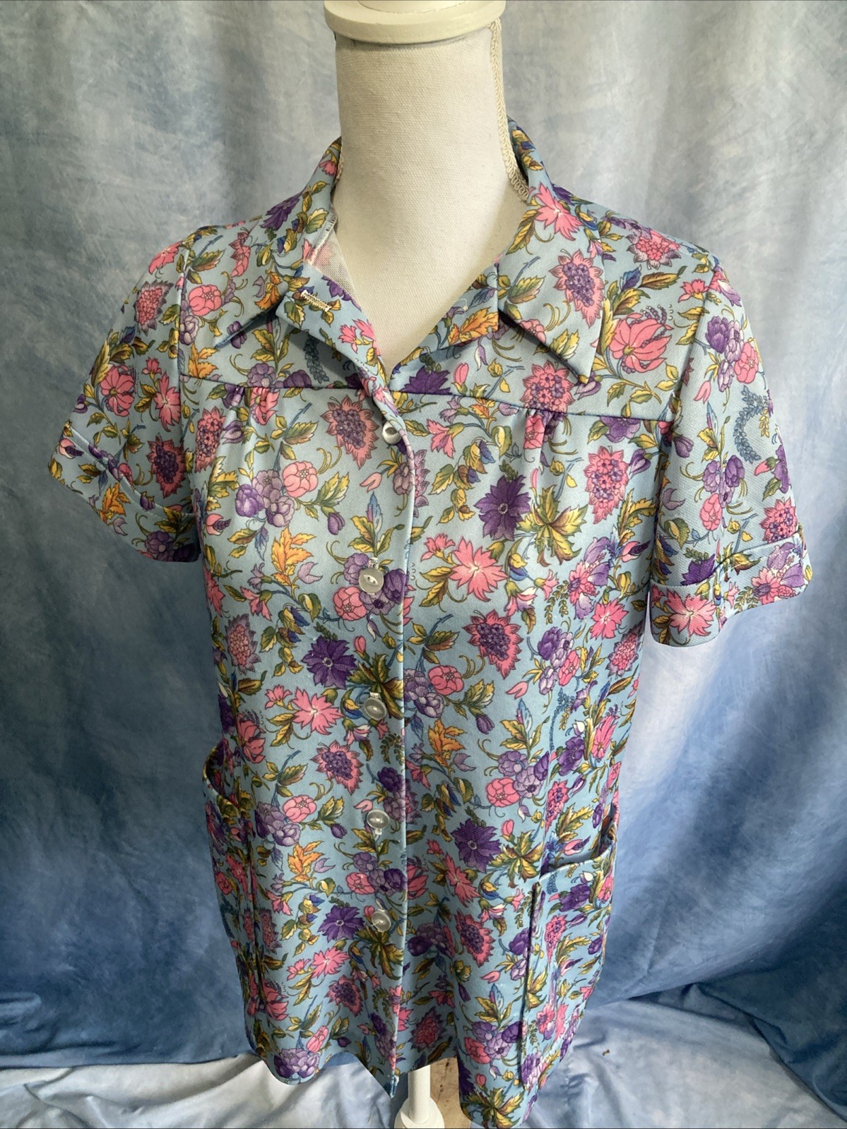 Vtg 70s Floral Smock Top Shirley of Atlanta Waitress Uniform Blouse Pockets XS