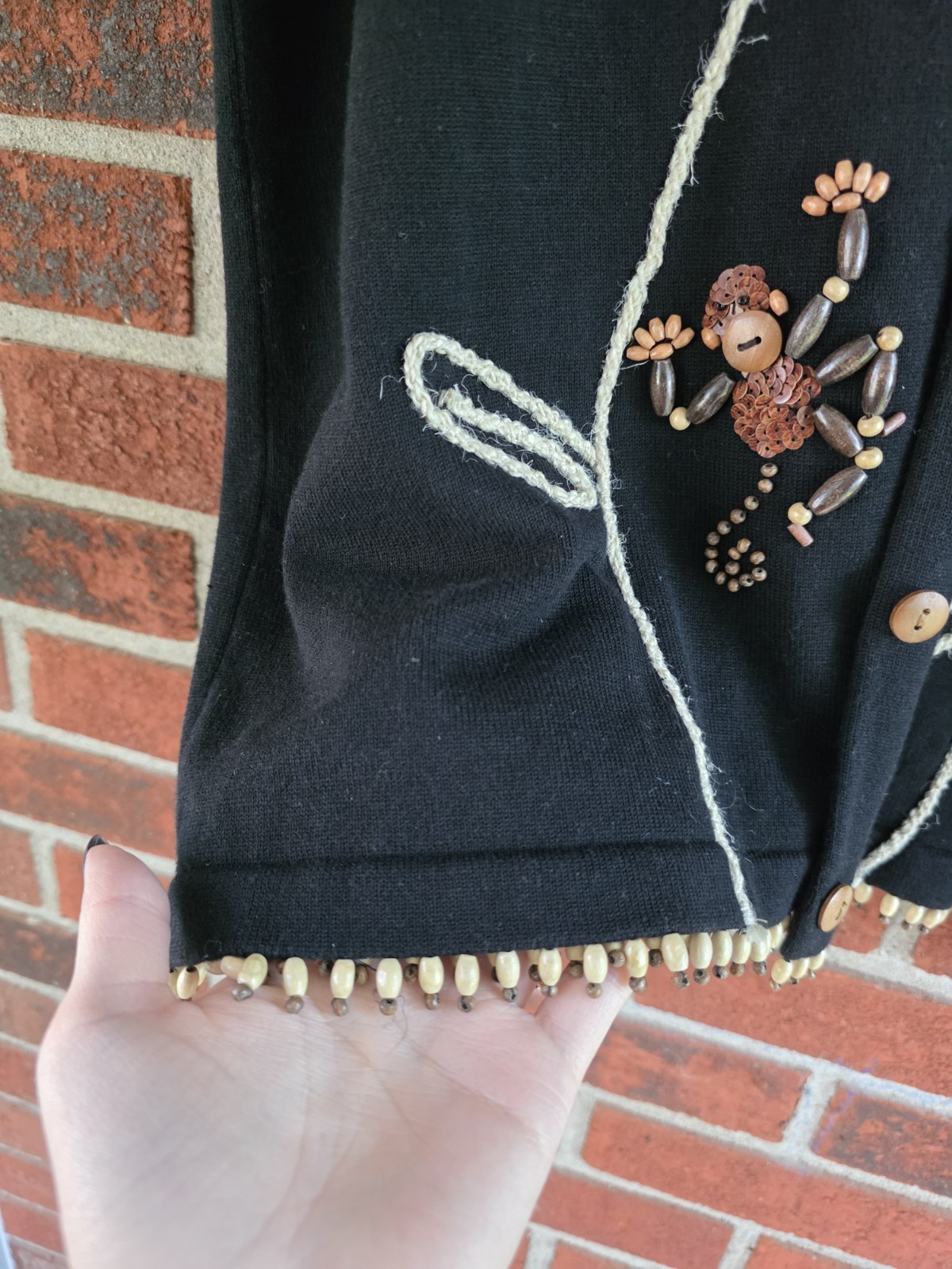 Vintage Eclectic Hand Embroidered Beaded Button Top Size L Artsy Boho Monkey