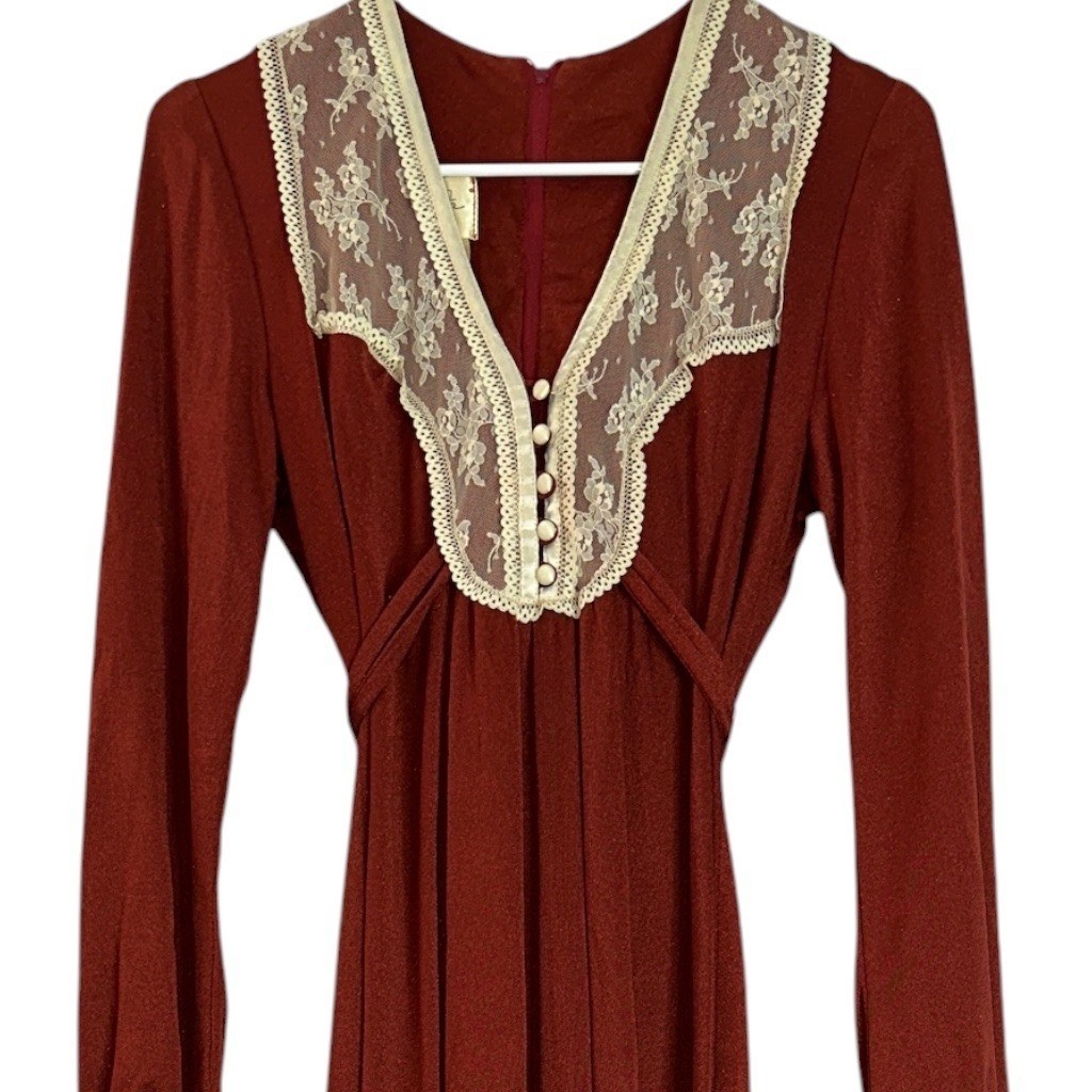 Vintage Roberta California Burnt Orange Rust Prairie Maxi Dress Lace Boho Small
